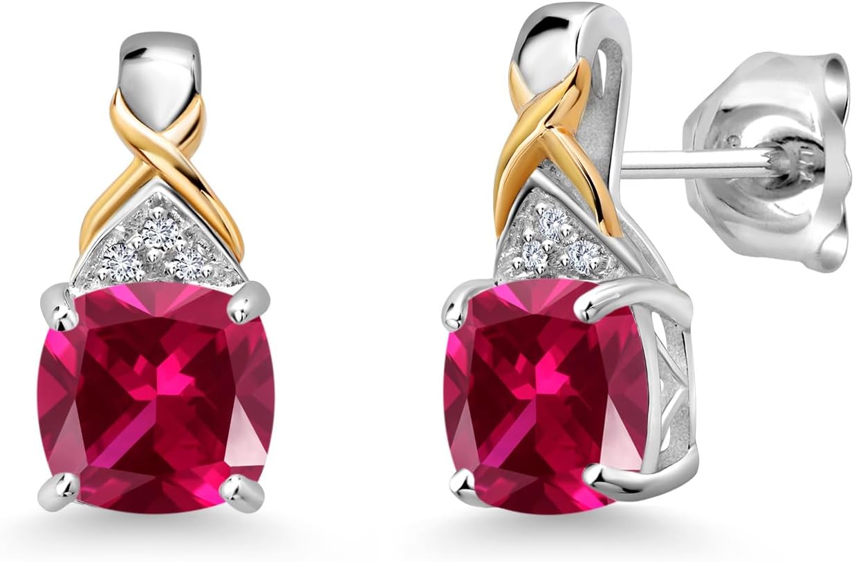 Gem Stone King Two-Tone Gemstone Birthstone Drop Earrings for Women | 925 Silver and 10K Yellow Gold | 6MM Cushion with Lab Grown Diamond Accents | Fine Jewelry Gifts