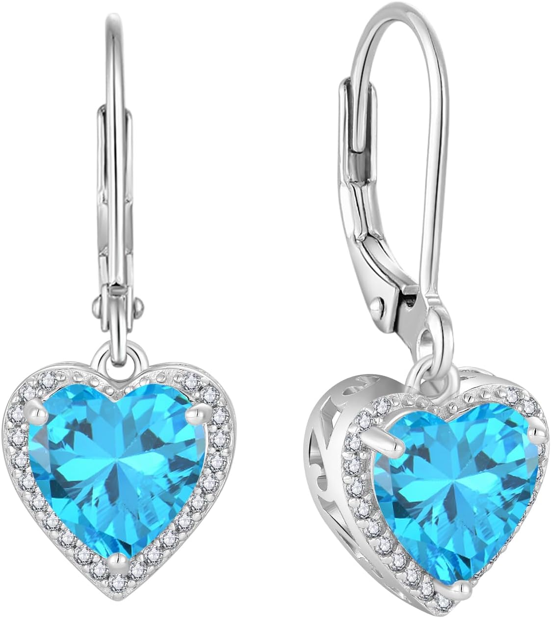 Heart Dangle Drop Earrings 925 Sterling Silver Halo Solitaire Leverback Earrings Birthstone Jewelry for Women
