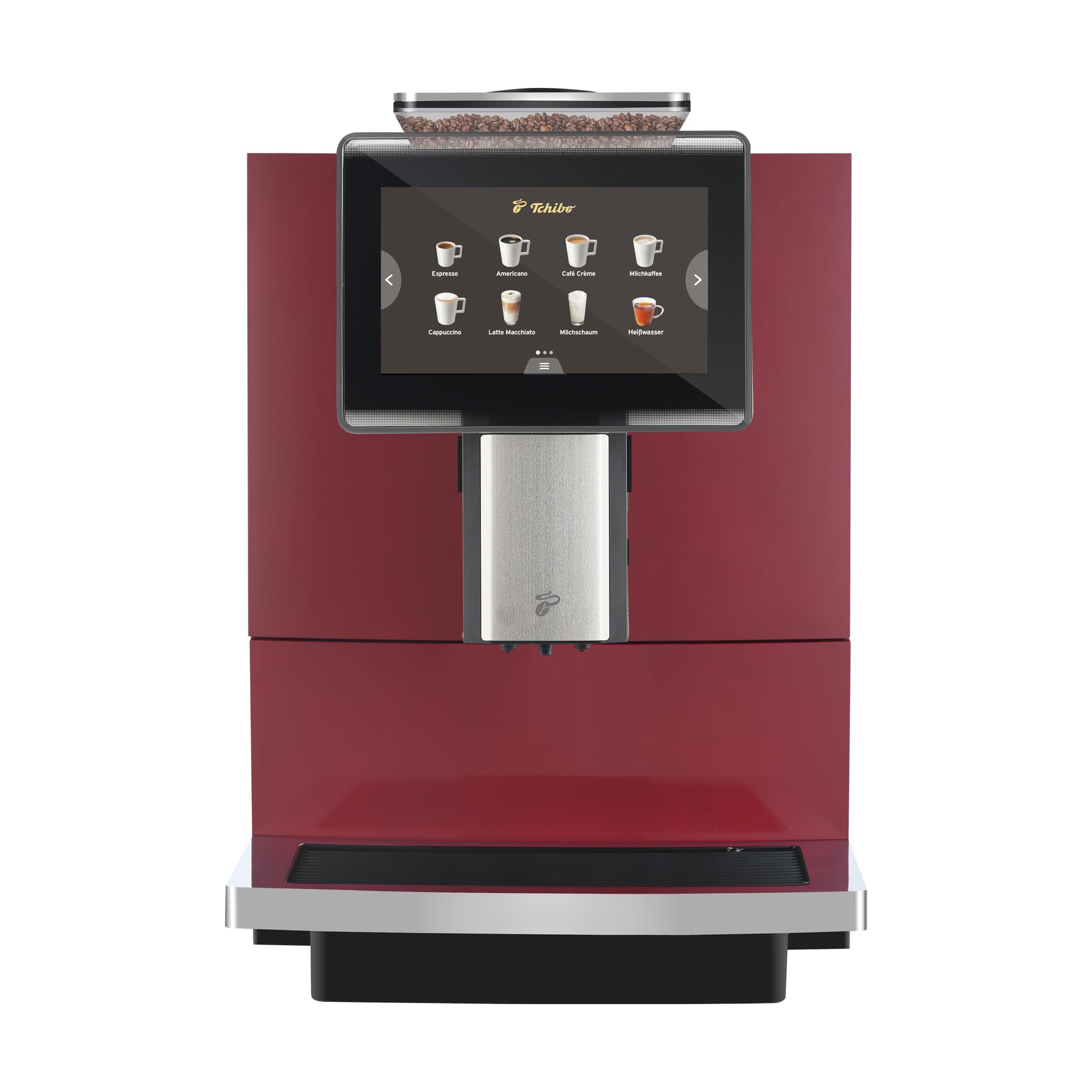 Tchibo Office Kaffeevollautomat mit Wasserfilter, Keramikmahlwerk, Farb-Touchdisplay, 1500 Watt, cremige Milchschaumfunktion, 2 L Wassertank, 30 Tassen am Tag, Rot
