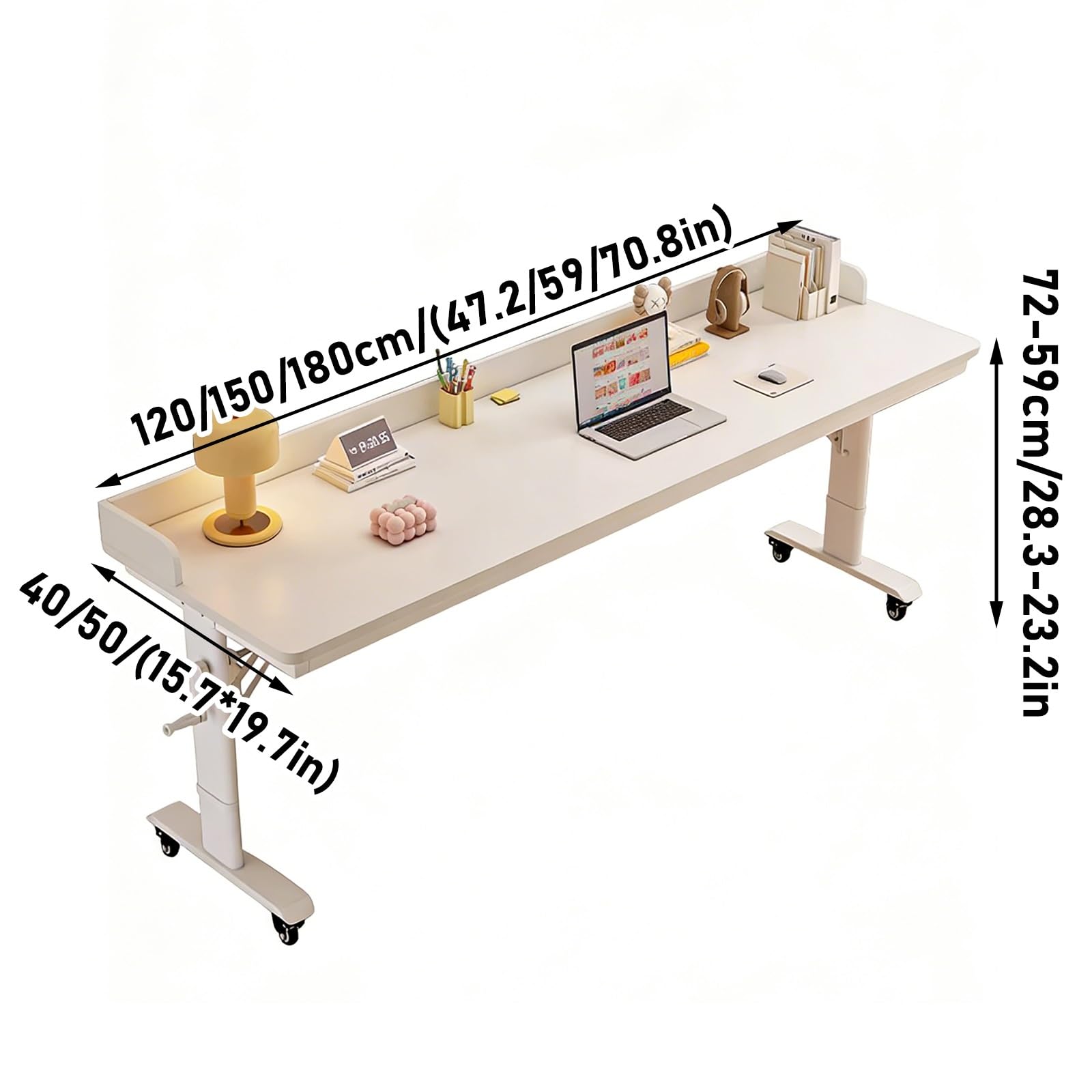 Mesa rodante de altura ajustable con ruedas, estación de trabajo móvil extensible para laptop, escritorio versátil para comedor, bar, oficina en casa, 59 x 19.7 x 28.3 pulgadas