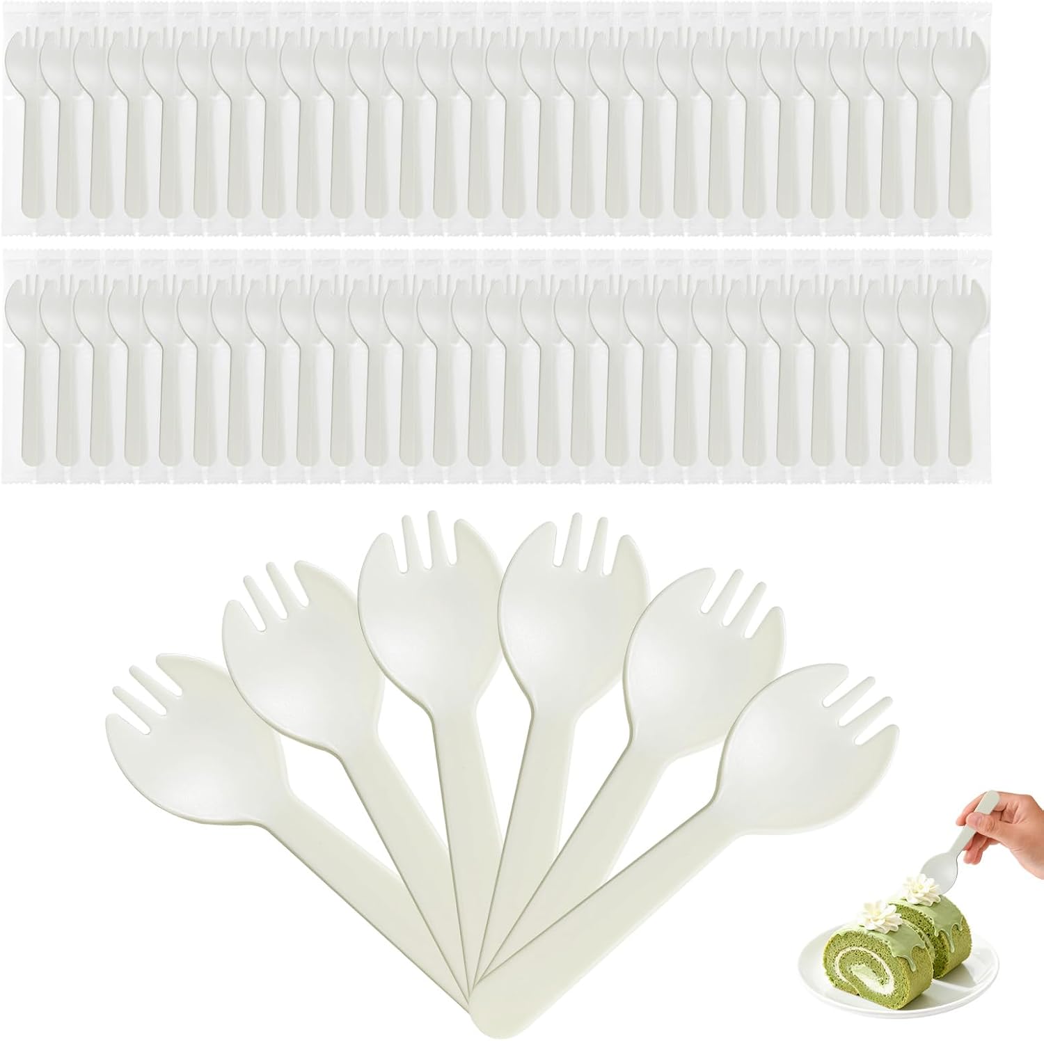100Pcs Mini Plastic Sporks Individually Wrapped, 4.2 Inch White Disposable Fork Spoon Combo, Small Sporks for Desserts, Yogurt, Cake, Parties & Takeout
