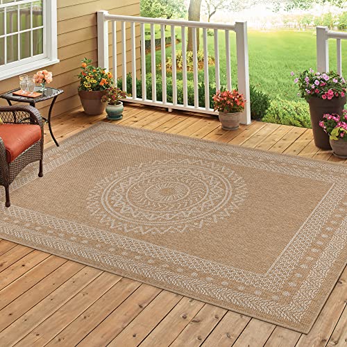 Homebyhome Outdoor Teppich Wetterfest 200x300 (200 x 290 cm) Beige Sisal und Jute Optik - Balkon Teppich Wasserfest Vintage Design Pflegeleicht - Waschbarer Teppich Küche, Garten, Terrasse und Camping