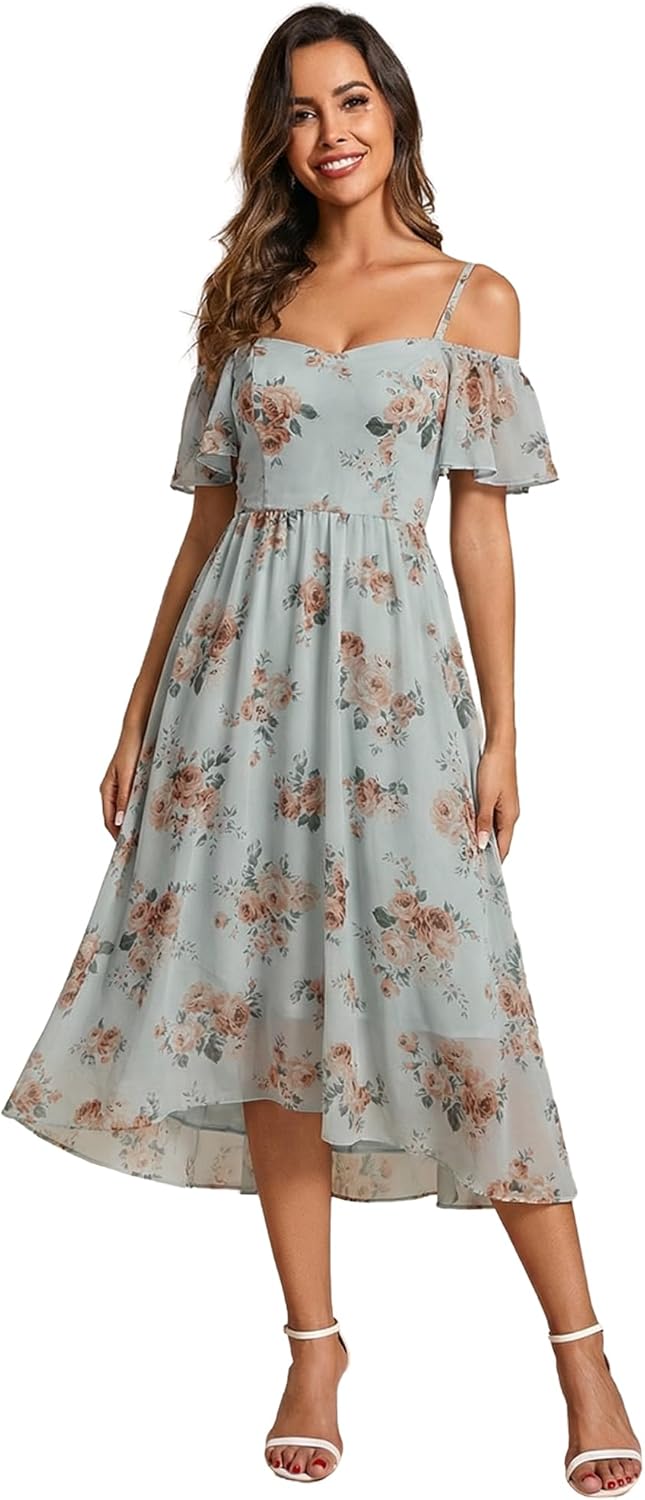 Ever-Pretty Women's Summer Cold Shoulder Hi-Lo Asymmetrical Hem Flowy Chiffon Short Wedding Guest Dress 02103