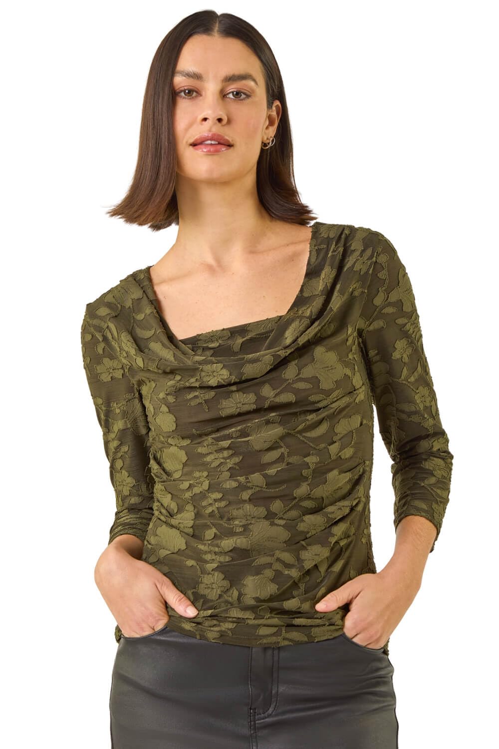 Roman Cowl Neck Top for Womens UK - Ladies Jersey Blouse Stretch Ruched Waist Flattering Smart Casual Formal Party Work Office Autumn Winter Shirt 3/4 Sleeve Khaki