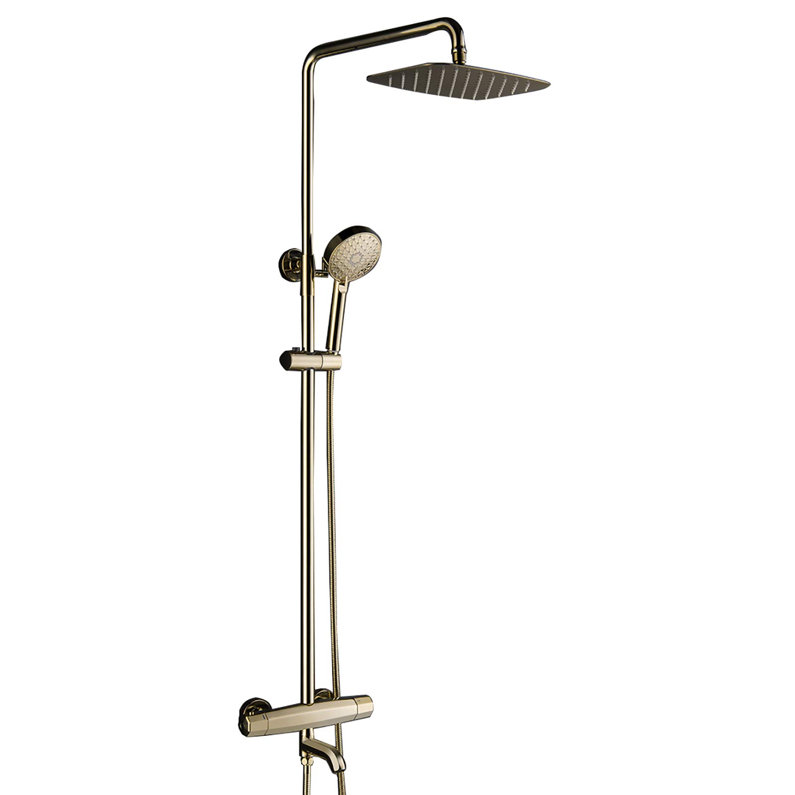WXPGFEQ 10 Inch Rain Shower System Gold Thermostatic Shower Faucet Set Brass Wall Mounted Shower Combo Set Double Handle Rain Mixer Shower with 3 Mode Handheld Shower, Rectangular Shower H