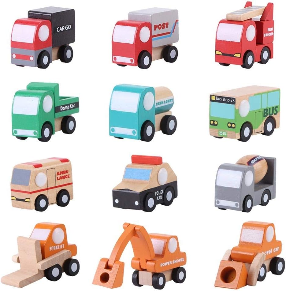 Belissy Coches De Madera Para NiñOs, 12pcs / Conjunto de madera del niño del bebé de dibujos animados de coches de juguete Aprendizaje Temprano Educación Tráfico Juguetes regalo de los niños