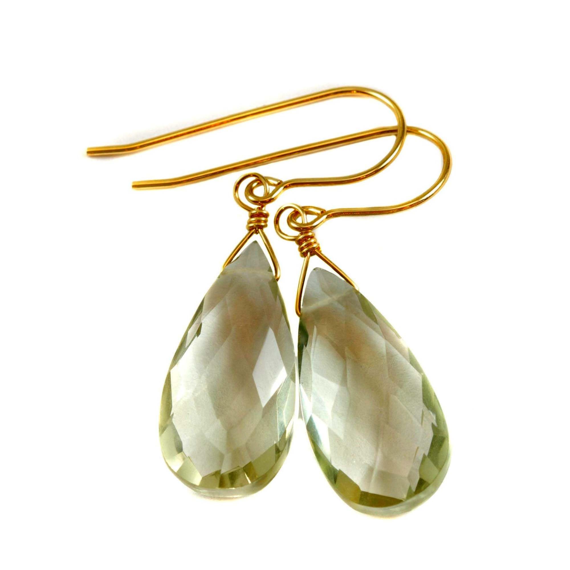 Green Amethyst Earrings Prasiolite Faceted Long Pear Teardrop 14k Solid Gold Filled 925 Sterling Silver Simply Daily Pale Soft Green Drop february