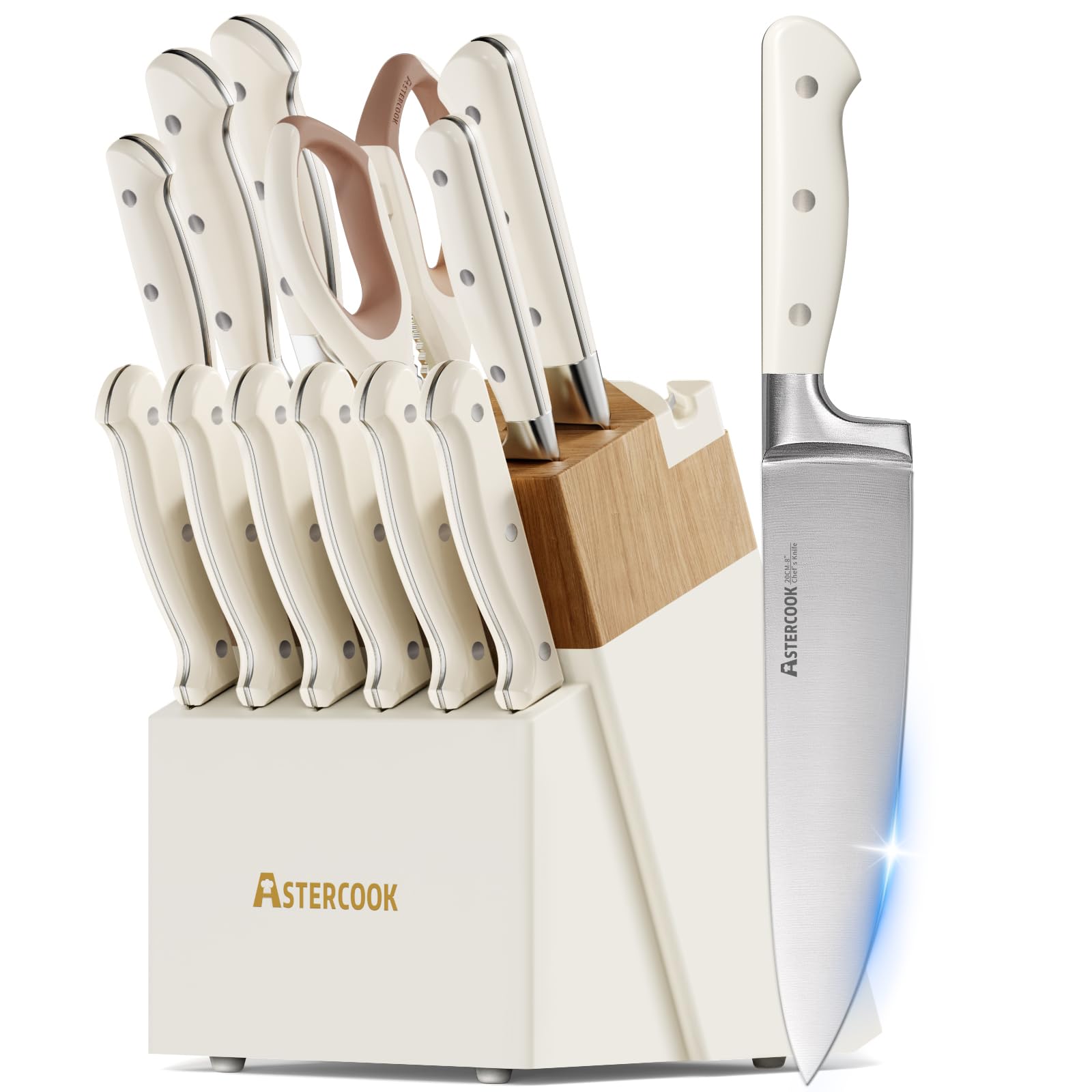 Knife Set,Astercook Kitchen Knife Set with Block 14-Piece Full Tang
