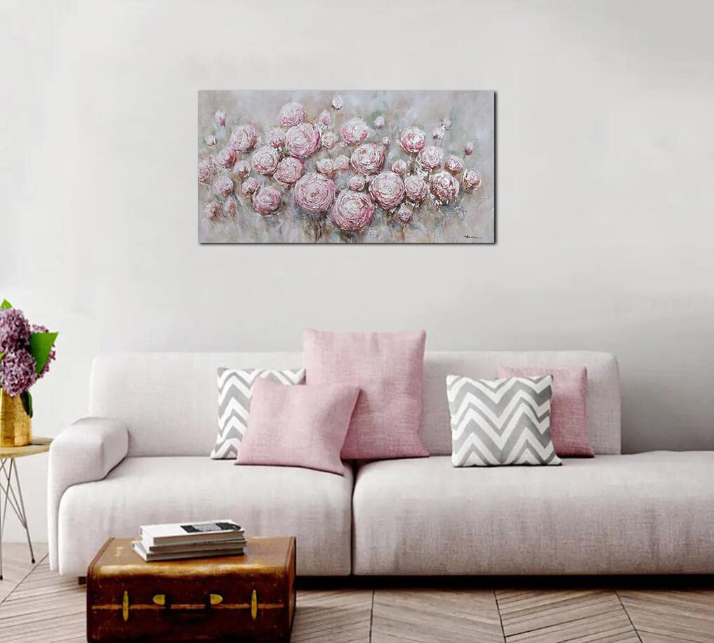 Anolyfi Pink Rose Canvas Wall Art Flowers Blossom Colorful Florals Painting Hand Painted Textures Picture Silver Foil Artwork Framed for Living Room Bathroom Bedroom Office Home Wall Decor 48"x24"