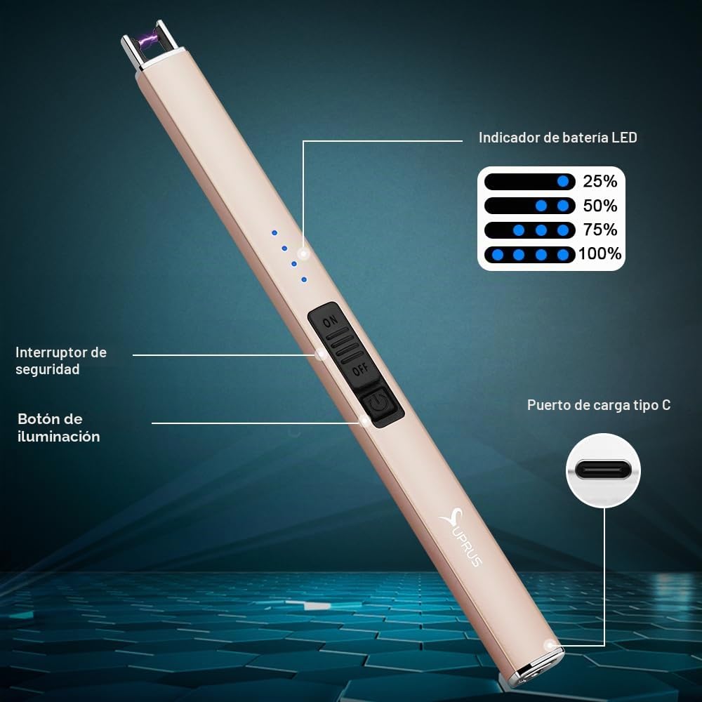 SUPRUS Mechero eléctrico con Arco eléctrico, Resistente al Viento, sin Llama, Recargable por USB, con Interruptor de Seguridad e Ideal para encender Velas y Usar en acampadas, Dorado