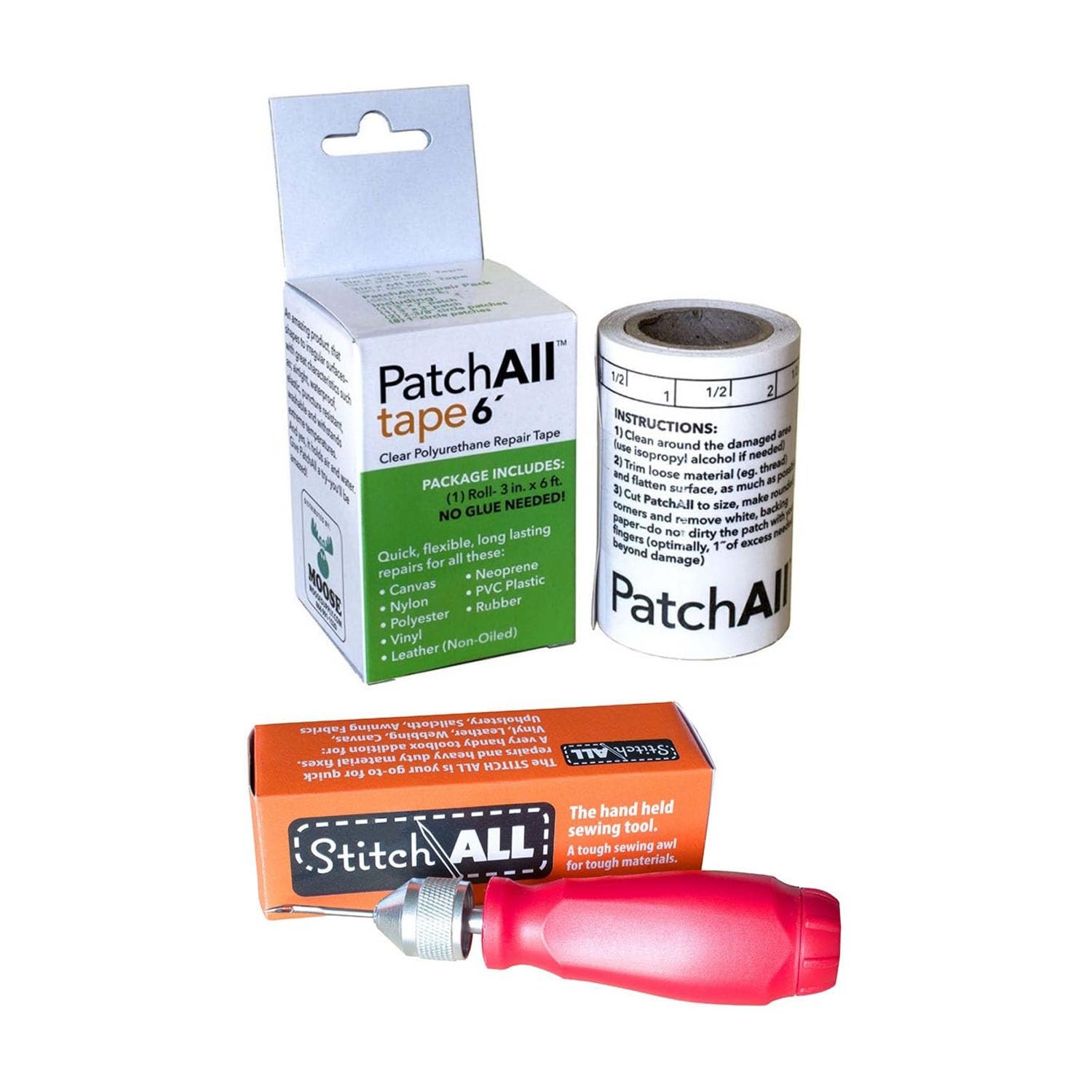PatchAll & StitchAll Sewing Awl Kit | Plastic Clear Adhesive Repair Tape | 3