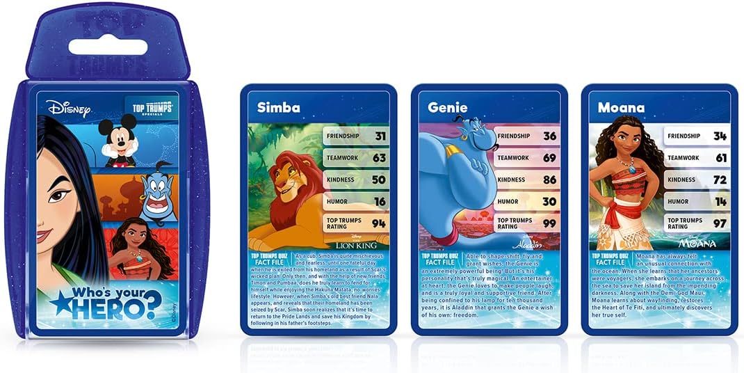 Top Trumps Disney Heroes Classic Card Game, Play with Simba, Mickey Mouse, Aladdin, Mulan and Elsa, Educational travel game, gift and toy for boys and girls aged 6 plus