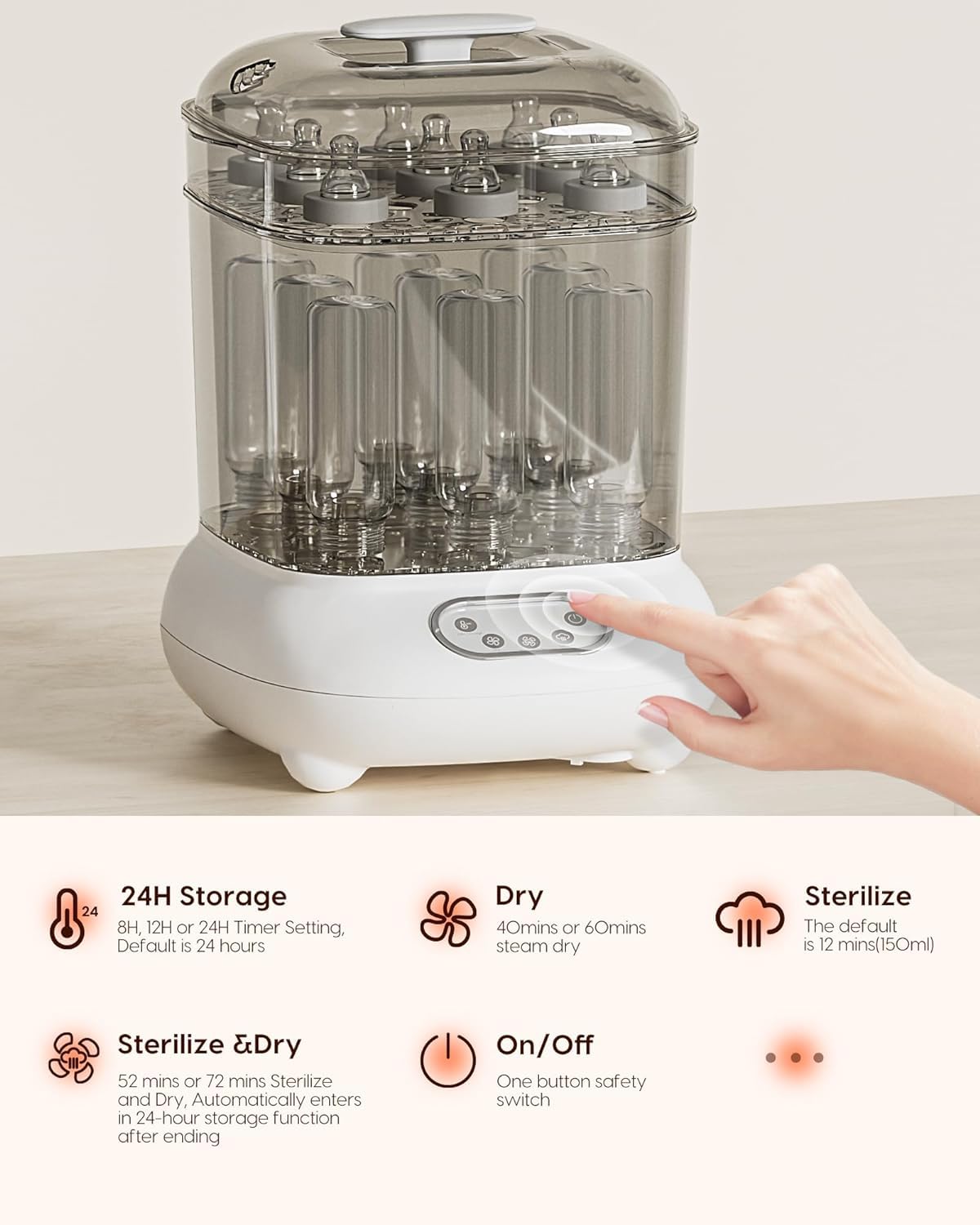 Babyflaschen Sterilisator und Trockner, Elektrischer Dampfsterilisator, größere Kapazität für 9 Flaschen von allen Arten plus Zubehör, Schnuller, Beißspielzeug, Neugeborenen Erstausstattung