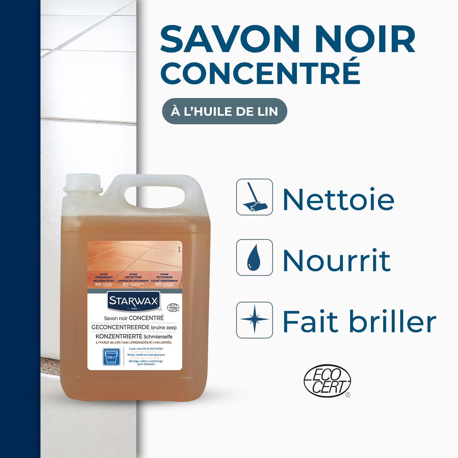 STARWAX Savon noir à l'huile de lin pour les sols intérieurs 5L | Nettoie et fait briller carrelage parquet PVC béton ciré et tomettes, nourrit terres cuites et pierres, sans rinçage
