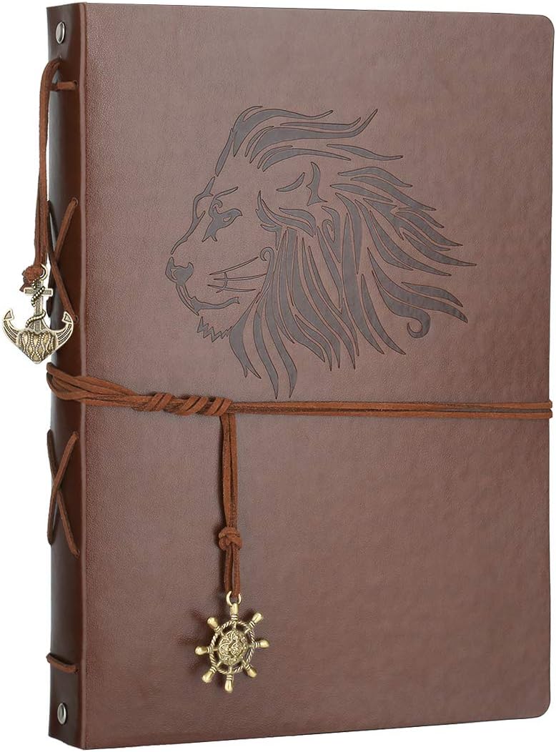 Photo Album Scrapbook, AIOR Refillable Black Pages Scrap Book, Vintage Leather Memory Book DIY Wedding Guest Book, Birthday Gift for Children, Anniversary Present for Men Women, lion