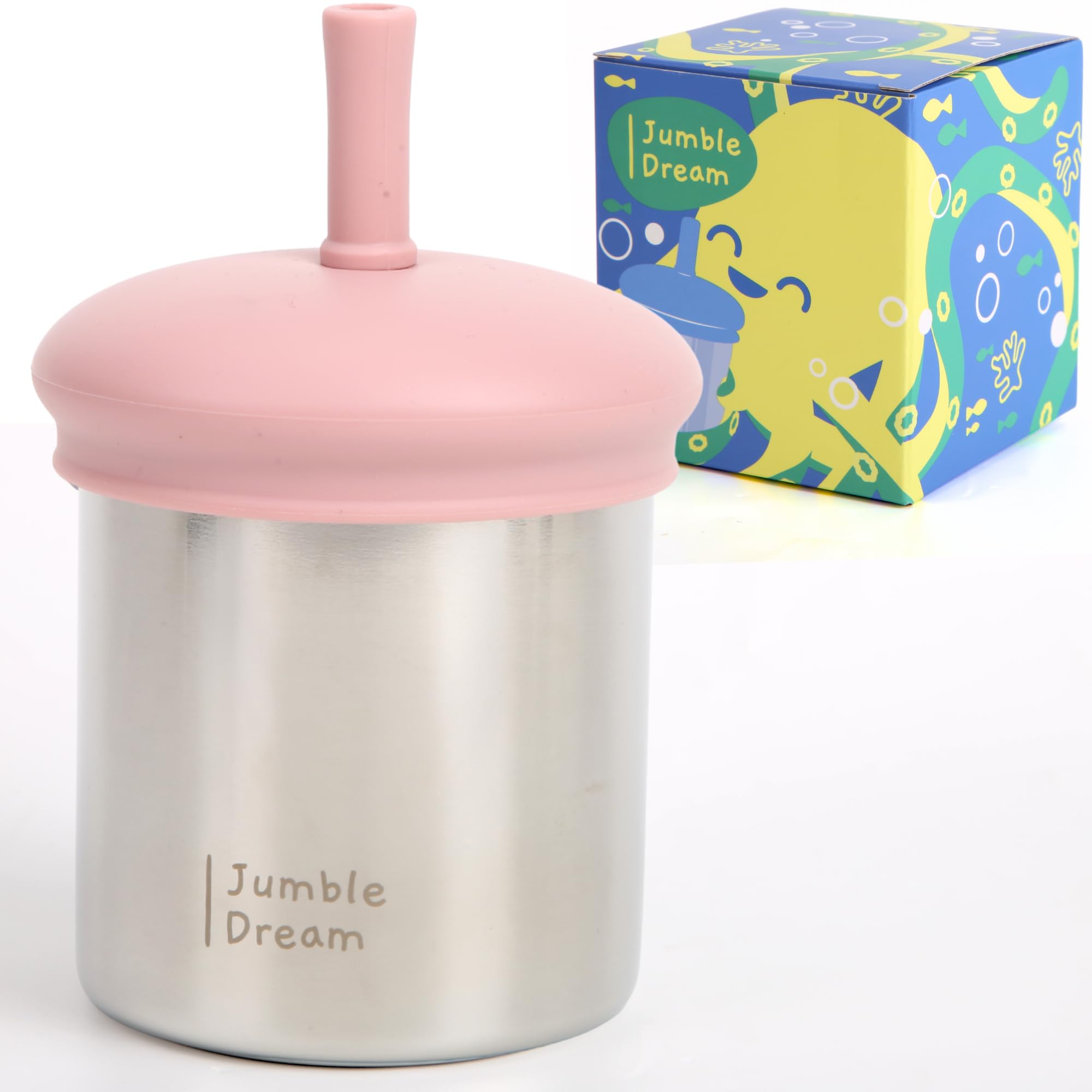 Jumble Dream Stainless Steel Toddler Straw Sippy Cup 7oz, Double Wall Insulated Spill Proof with Straw & Silicone Lid