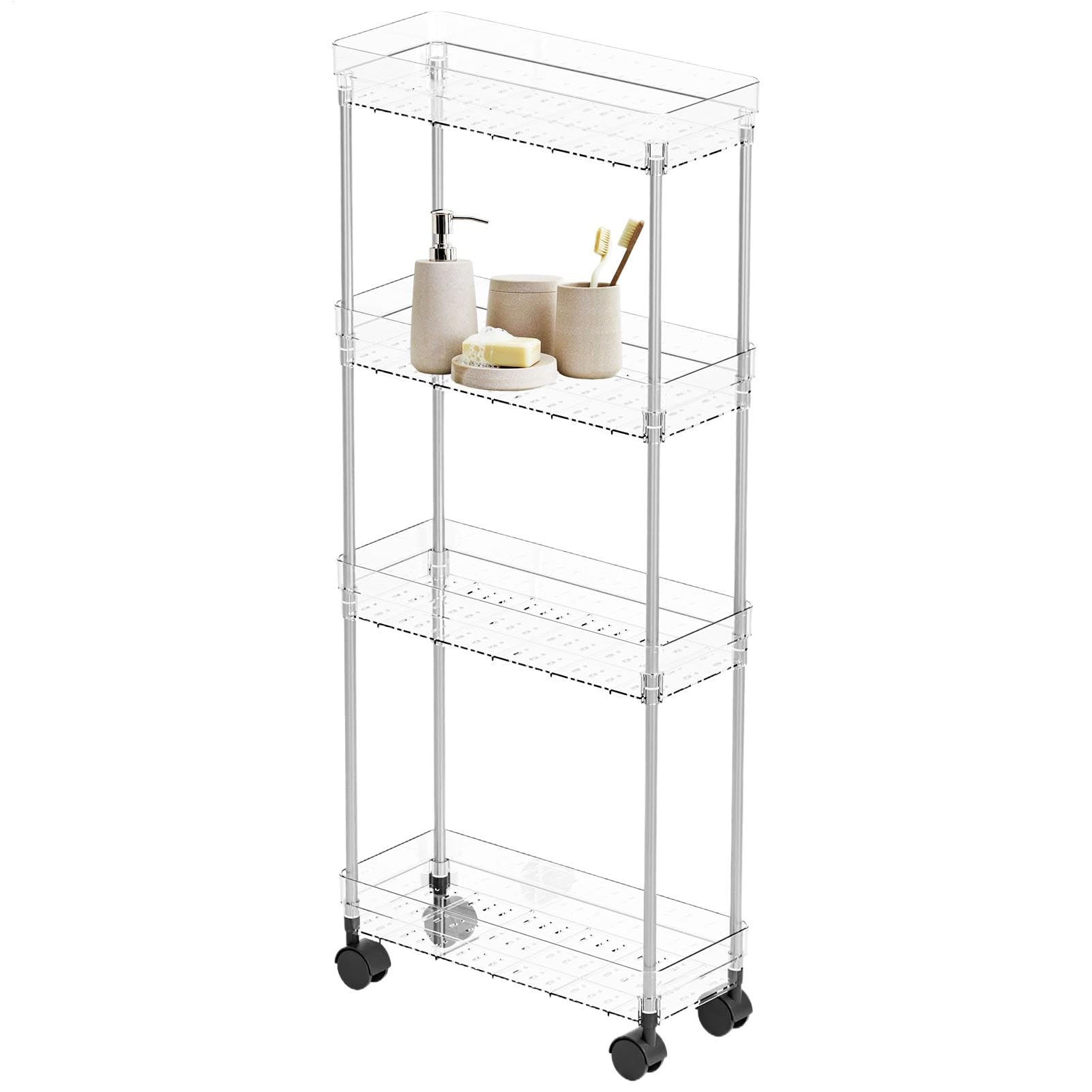 Generico Rolling Storage Cart, Movable Shel, Multi Layer, Multi Purpose, Compact Rolling Kitchen Organizer for Laundry Room, Narrow Space, 1650g, Acrylic, Abs, Metal