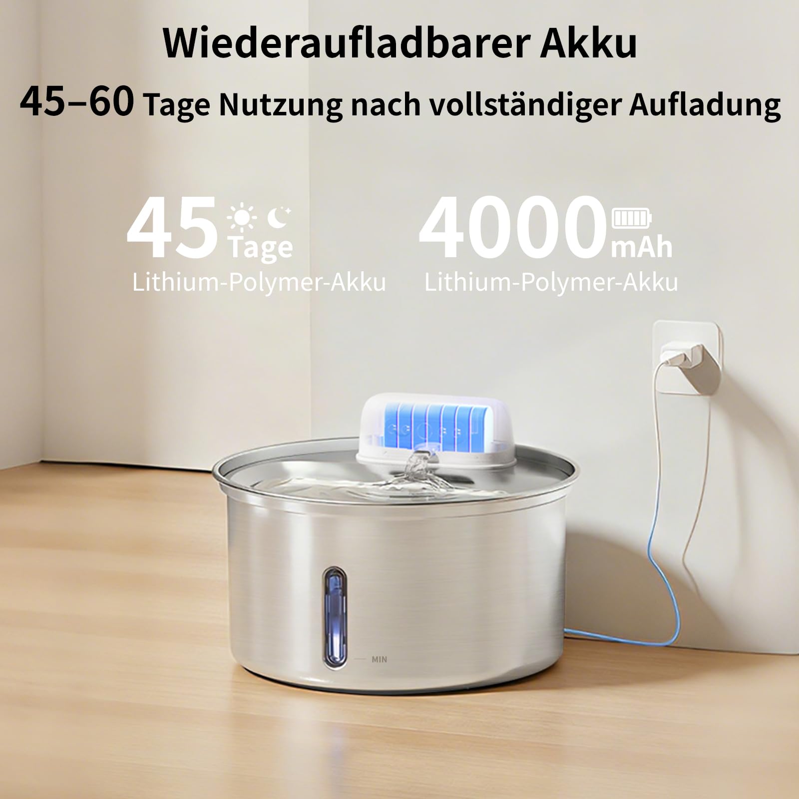 Katzenbrunnen Edelstahl 3.2L, Kabelloser Trinkbrunnen für Katze mit 4000mAh Akku, Wasserbrunnen für Katzen mit Bewegungsmelder, Leise & Spülmaschinenfester, Katzentrinkbrunnen für Hunde