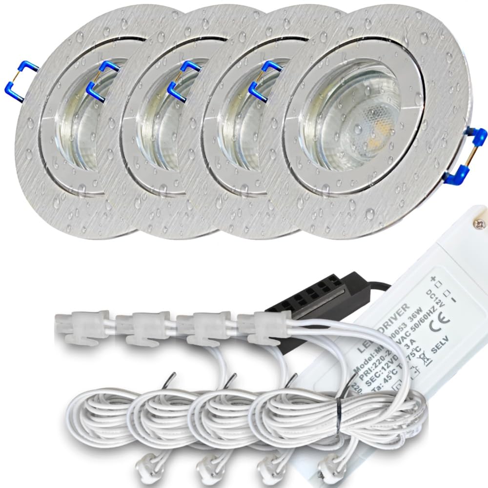 Rolux 4er Set LED Einbauleuchten 12V inkl. Trafo – IP44 für Bad & Küche – 3W 250lm 4000K Neutralweiß – Aluminium gebürstet mit Chromring – Ø 60–68 mm, 55 mm Einbautiefe – 120 cm AMP-Kabel je Spot