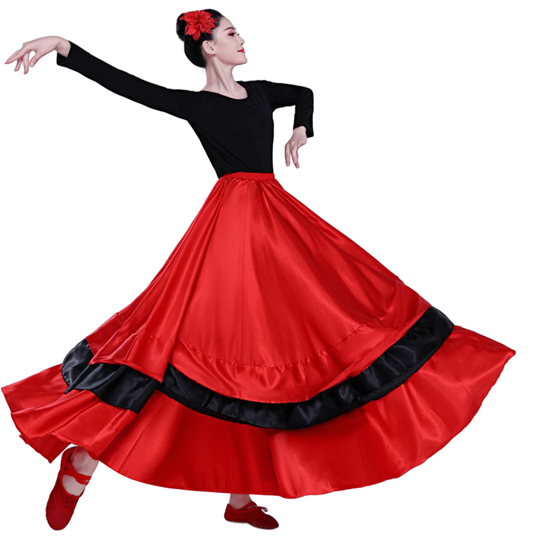 Womens Satin Full Circle Long Ruffle Flowy Belly Dance Skirt Costume for Spanish Bull Folkloric Mexican Flamenco Dancing