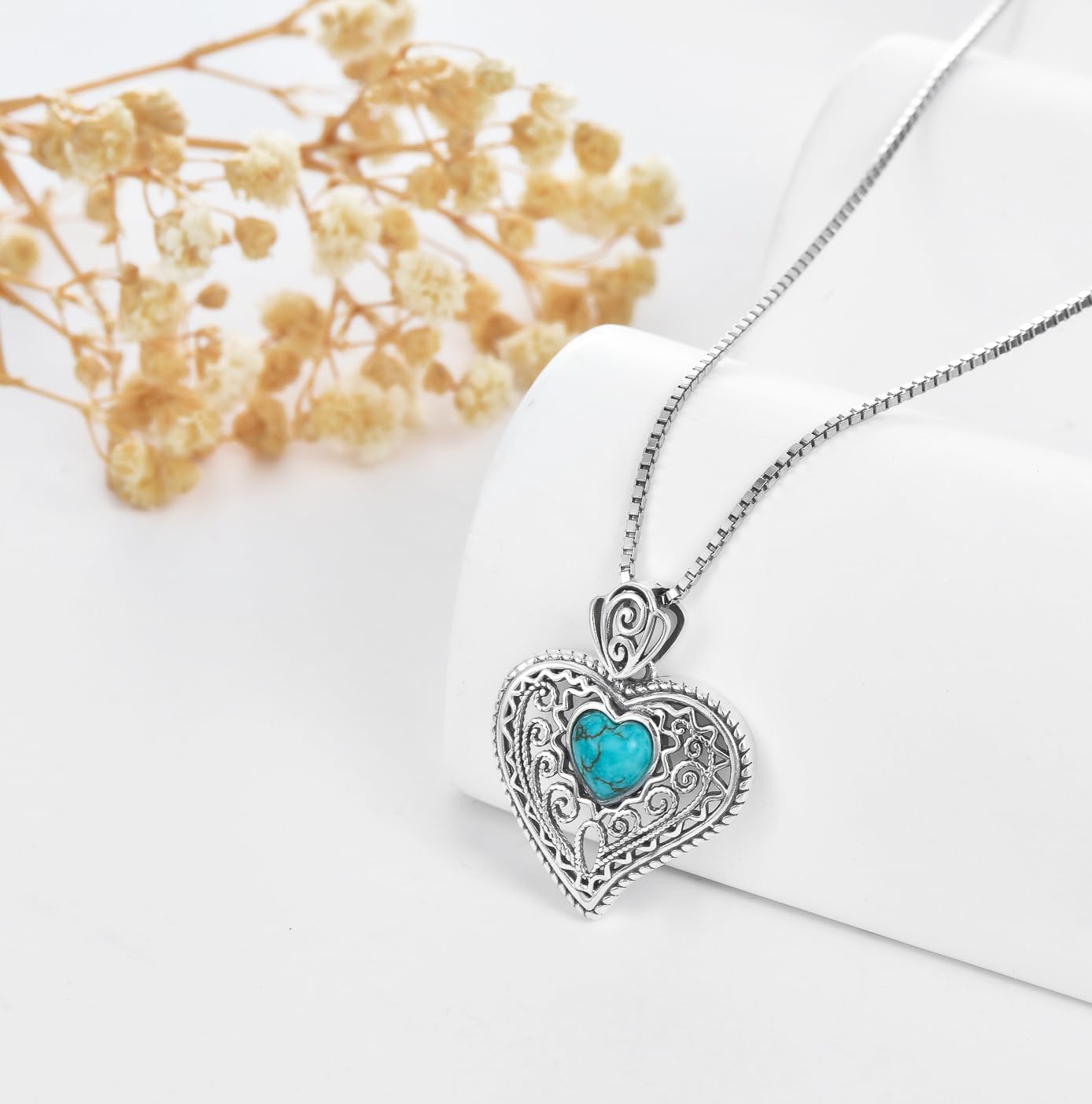 Genuine Heart Turquoise Necklace, Sterling Silver Native Western Vintage Boho Jewelry December Birthstone Birthdays Gift - Image 7