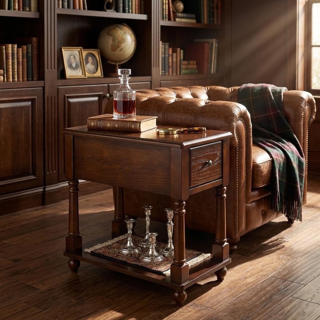 Narrow End SideTable with Drawer and Storage Shelf, Solid Wood Sofa Tables, Slim Beside Table-, Telephone for Small Spaces, Living Room, 22"L x 13"W x 22.7"H No-tools Assembly Dark Walnut BBJ004DWA