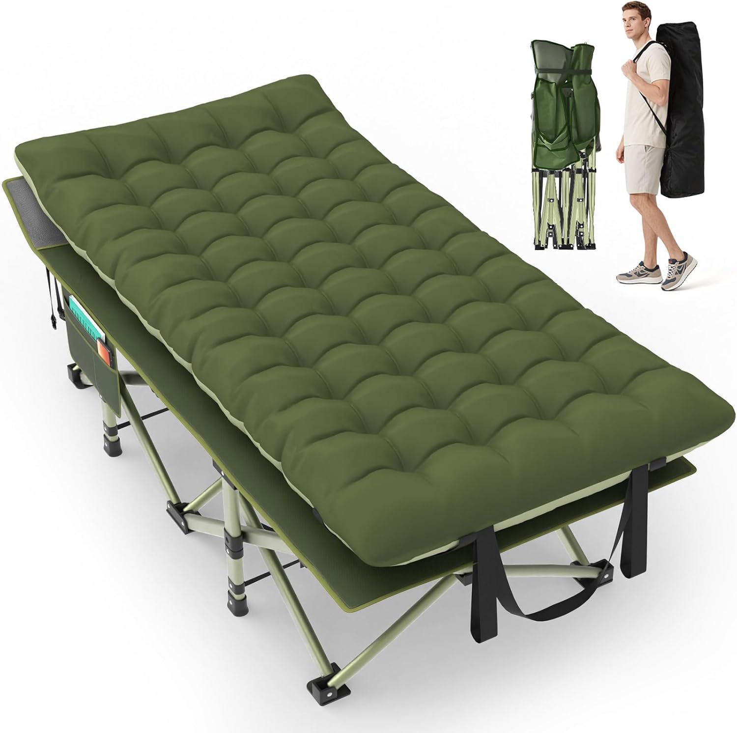 Suteck 32In XXL Folding Camping Cot, 900LBS Heavy Duty Sleeping Cot with Pillow Mattress, 1200D Double-Layer Oxford Portable Cot for Adults with Carry Bag for Home Office Nap Beach Travel