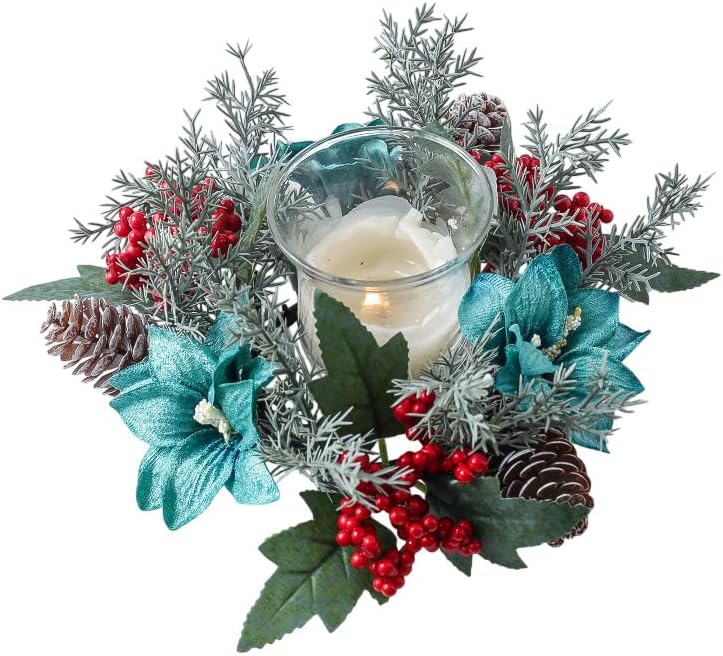 Christmas Candle Ring Wreaths Poinsettia Berries Pinecones Candle Ring Holder for Christmas Table Centerpiece Window Chair Wall Décor (Blue)