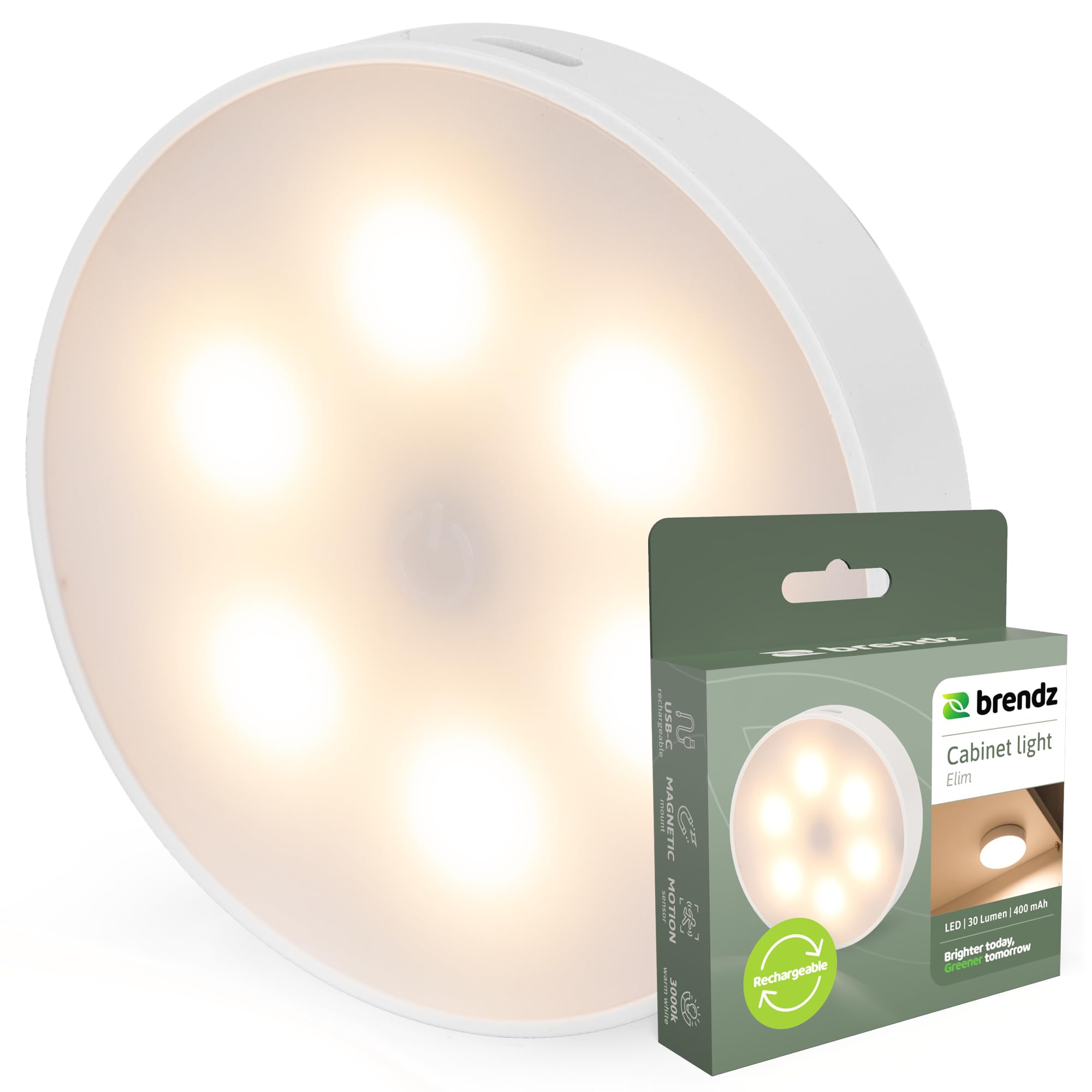 Brendz LED Runde Schrankbeleuchtung, Touch-Bedienung, USB-C Wiederaufladbar, Dimmbar, Magnetisch, 3 Farbtemperaturen, LED Lampe Akku, Treppenbeleuchtung