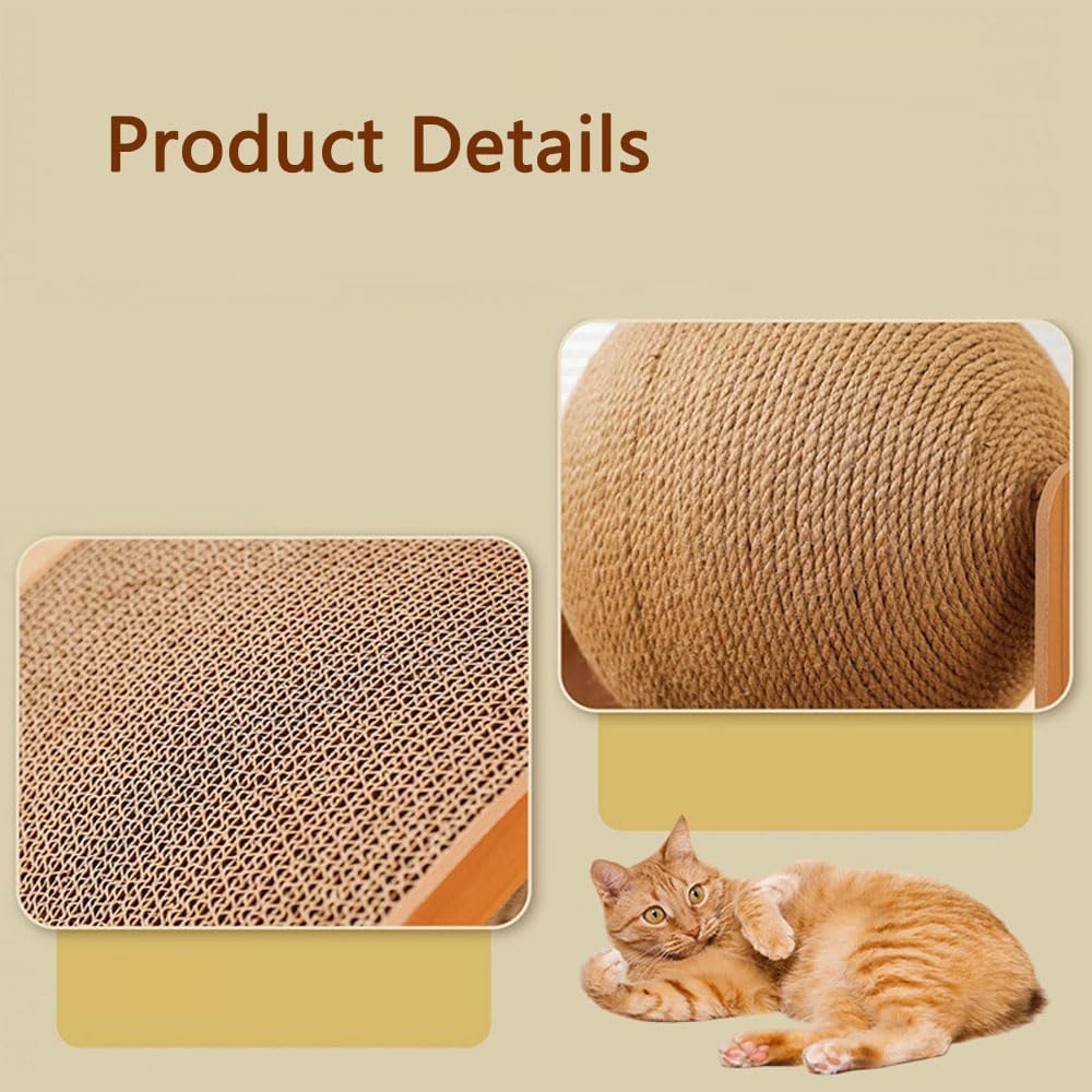 Cat Scratching Ball on Stand - Solid Wood Interactive Cat Scratcher with 360° Rotating Natural Sisal Ball, Wear-Resistant and Scratch-Resistant for Pets Indoor (L)