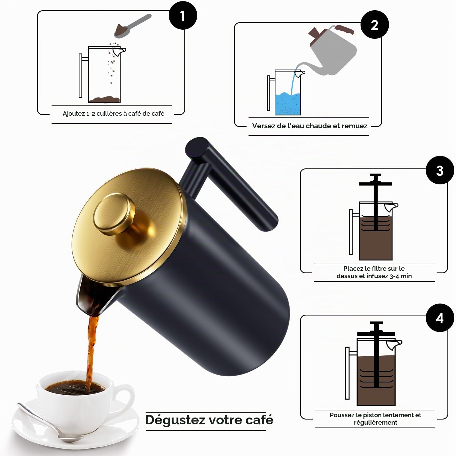 Cafetière à Piston, French Press 1L avec Système de Filtration 4 Couches, Cafetière Française Isolée Double Paroi en Acier Inox pour Maison, Voyage et Camping, Avec Boîte à Café, Noir