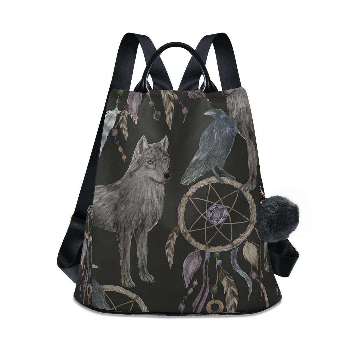ALAZA Watercolor Black Raven and Wolf Boho Backpack Purse with Adjustable Straps