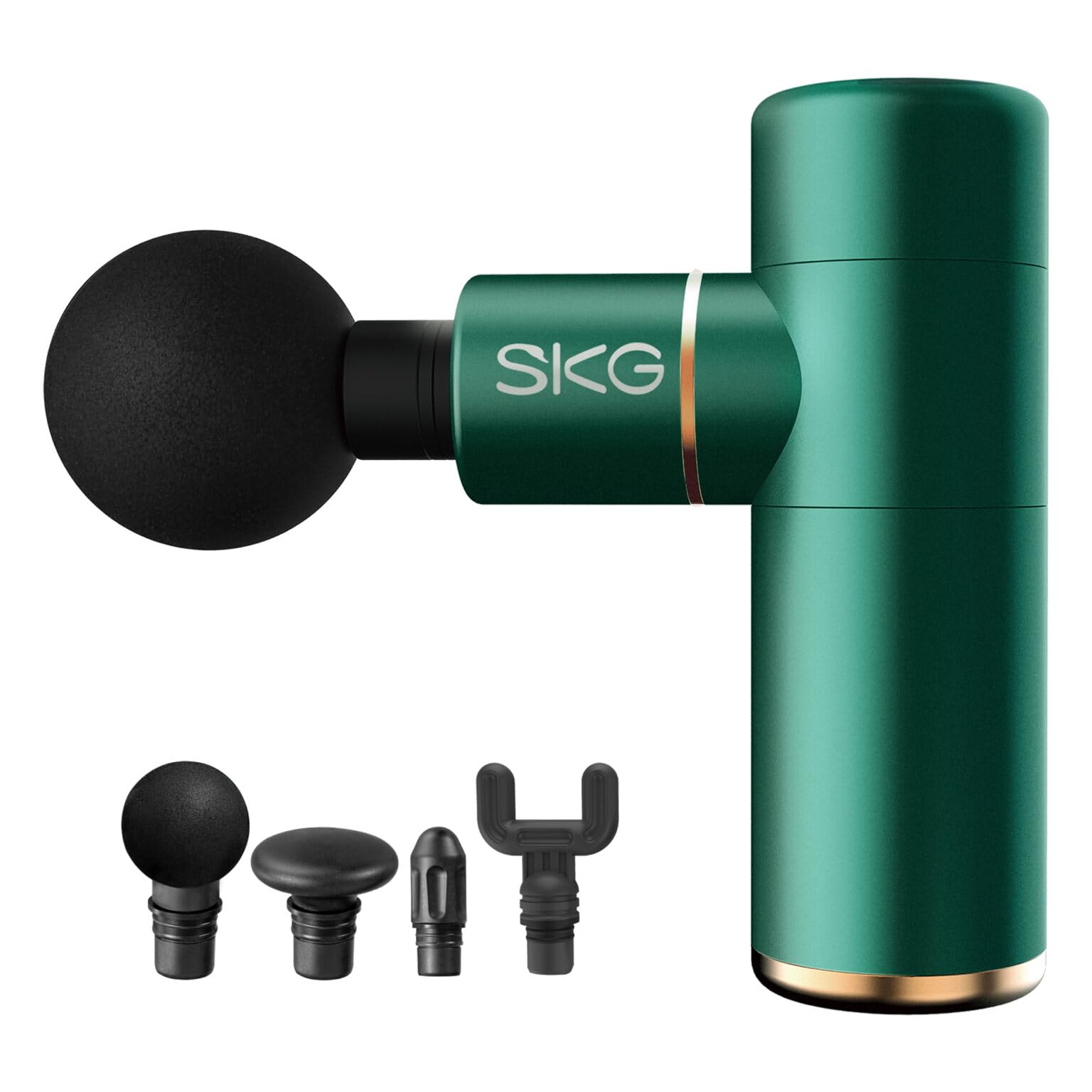 SKG F3-EN-GREEN mini pistolet do masażu, 4 stopnie masażu, 4 wymienne głowice do masażu, 2200 mAh, przyłącze ładowania USB-C I, do 12 godzin pracy baterii (zielony)