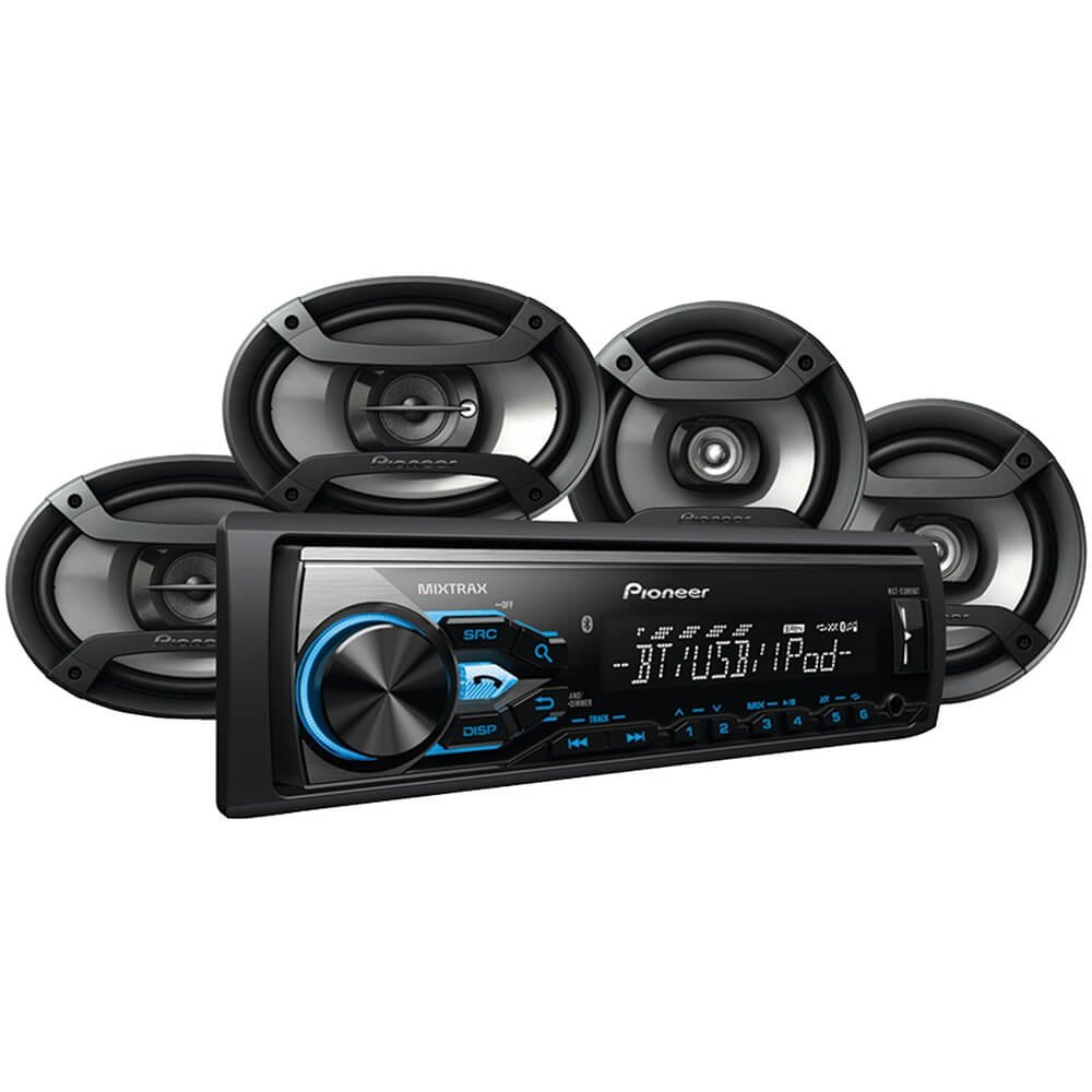 Pioneer Single DIN Bluetooth Digital Media Receiver with Short Chassis, Supports Amazon Alexa & Spotify + 2 Pairs of 6.5" Car Speakers (4 Speakers)