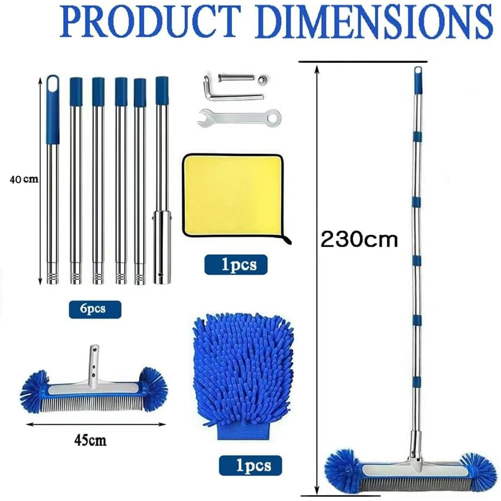 Poolbürste mit Stiel 230cm, Pool Reinigung Bürste 45cm, Poolbesen mit Längenverstellbarer Edelstahlstange, Pool Cleaning Brush mit Teleskopstange, Pool Bürsten Set für Pool Reinigung