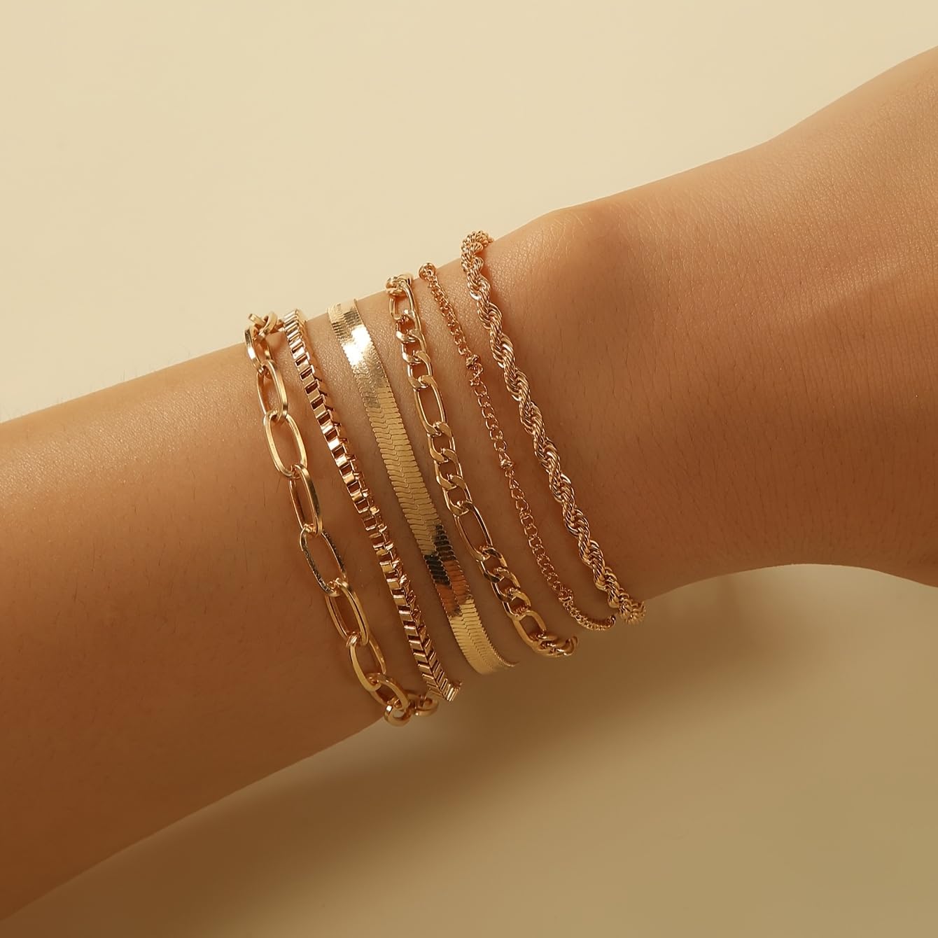 Shining Diva Fashion 14K Gold Plated Bracelets for Women Set of 6 Trendy Thin Dainty Stackable Cuban Link Paperclip Chain Bracelet Pack Fashion Accessories Gifts for Womens