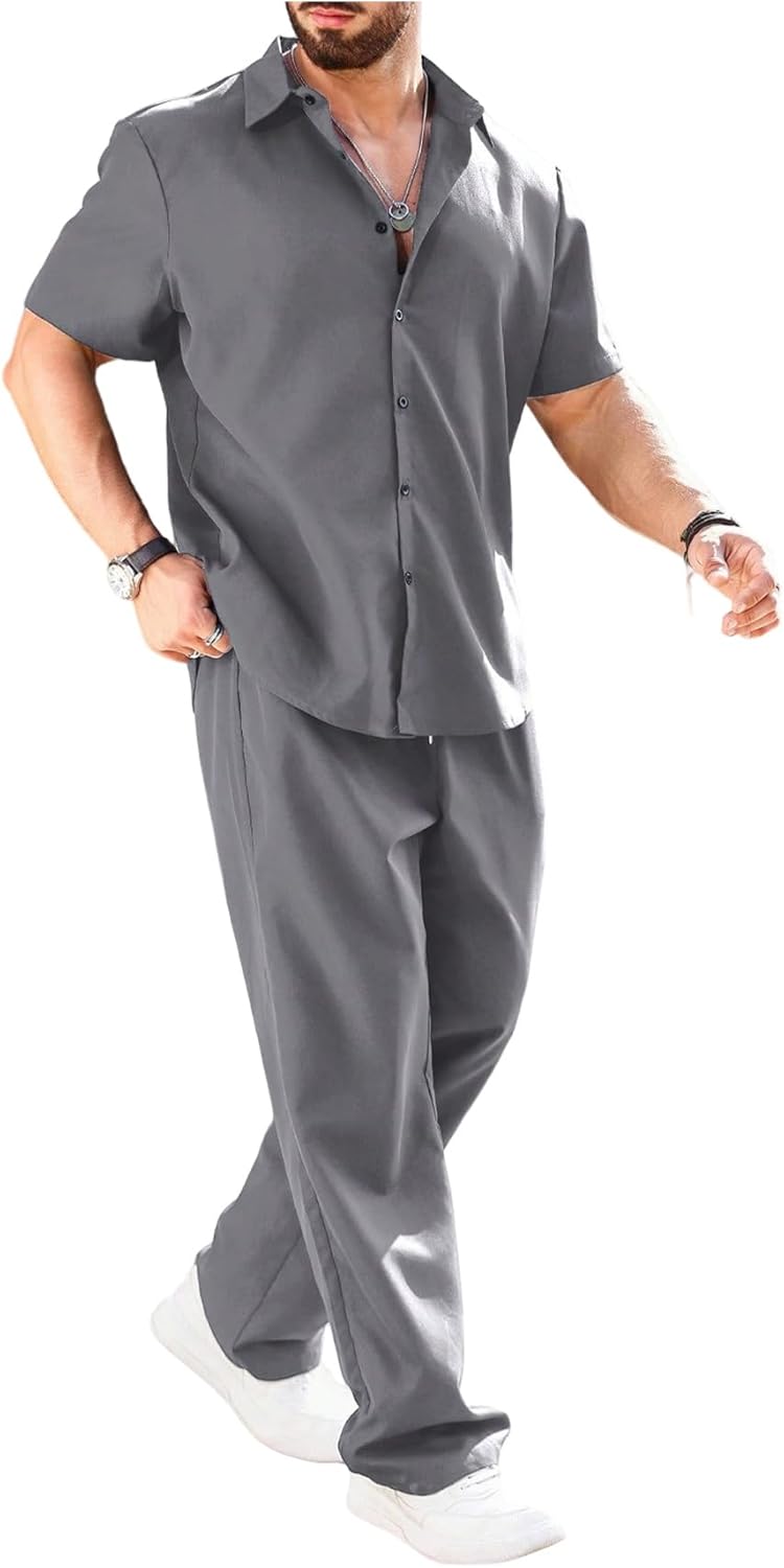 VIPWOLF Men's 2 Piece Outfits Big and Tall Short Sleeve Button Down Shirt and Casual Loose Pant Sets