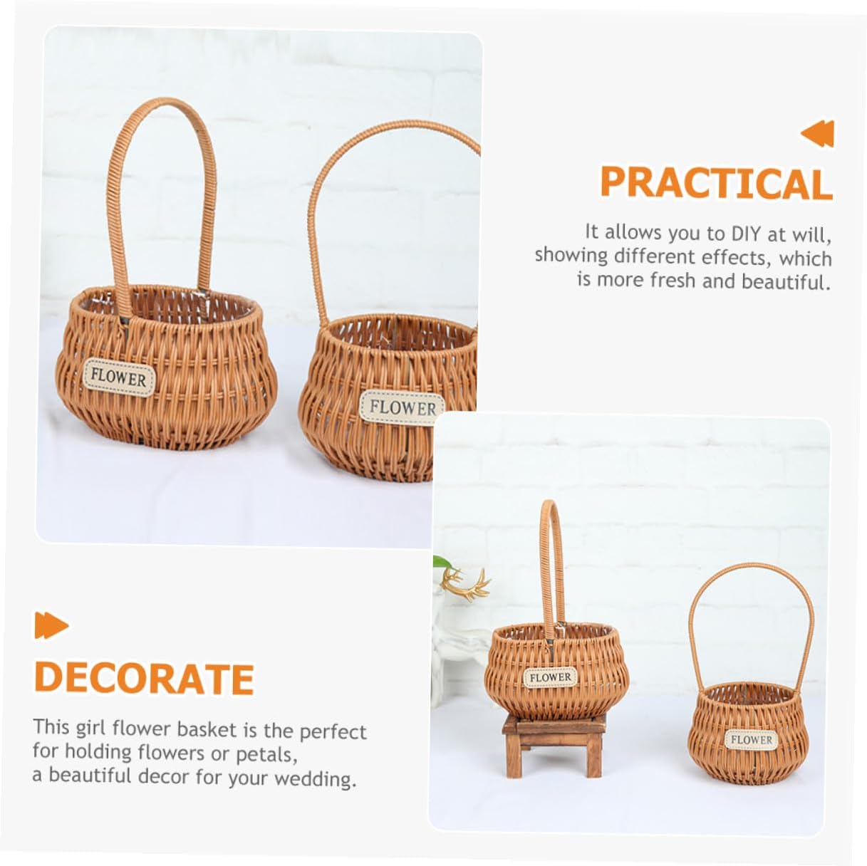 Rustic Woven Flower Girl Basket with Handles Oval Faux Rattan Handheld Basket for Wedding Ceremony for Fresh Floral Arrangements