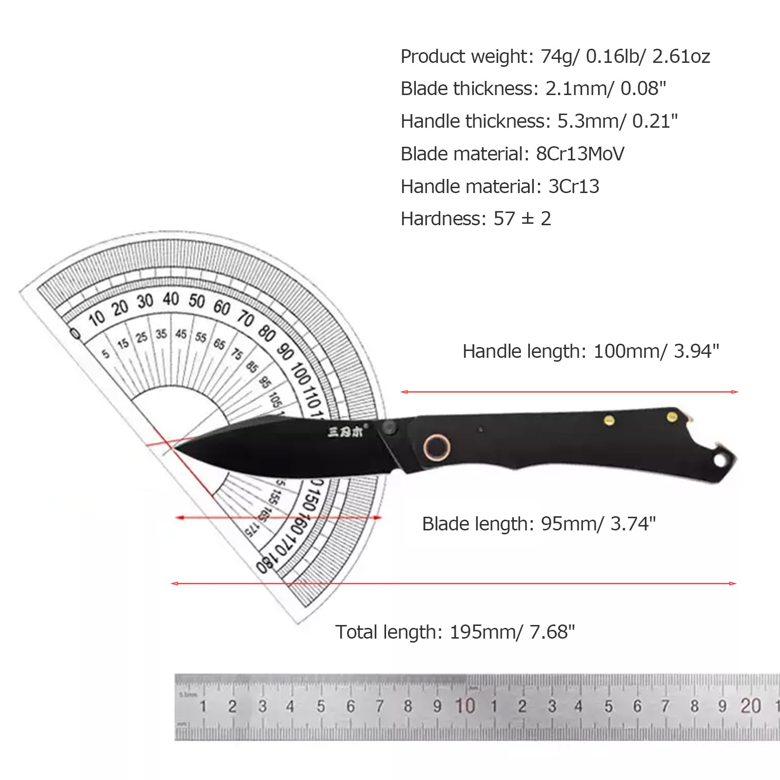 Sanrenmu Folding Knife Utility 9306 with Bottle Opener Function 95mm 8Cr13Mov Blade 3Cr13 Handle for Outdoor Camping (Black)