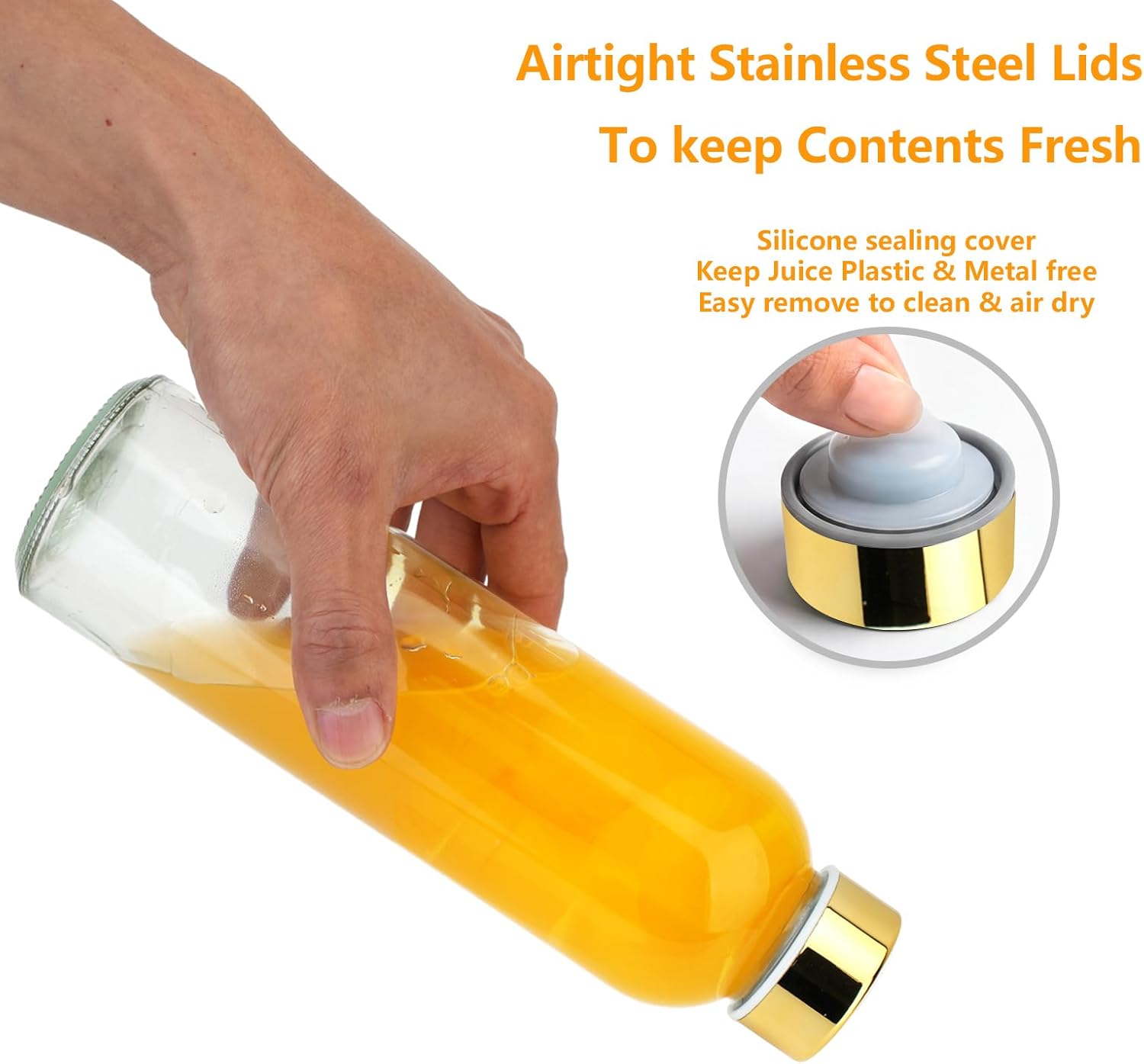 Zukro Glass Water Bottles with Gold Lids 18 oz, Reusable Clear Glass Juice Bottles Stainless Steel Airtight Cap for Juicing, 100% Leak Proof Juice Drinking Jar for Refrigerator, BPA Free, Set of 10