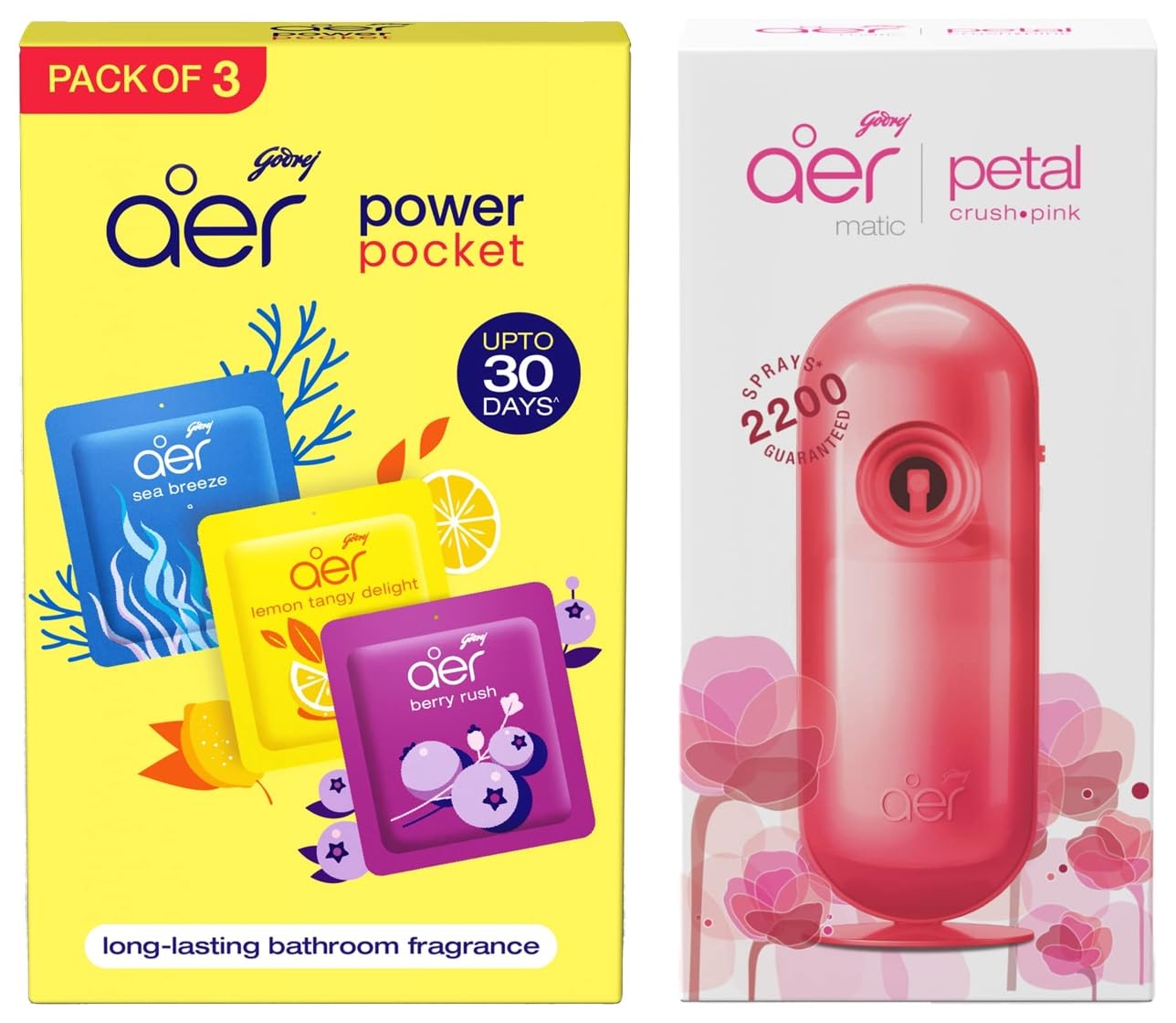 Matic Kit (Machine + 1 Refill)| Petal Crush Pink | 2200 Sprays Guaranteed (225ml) & Godrej Aer Power Pocket| Assorted Pack of 3 (30g)