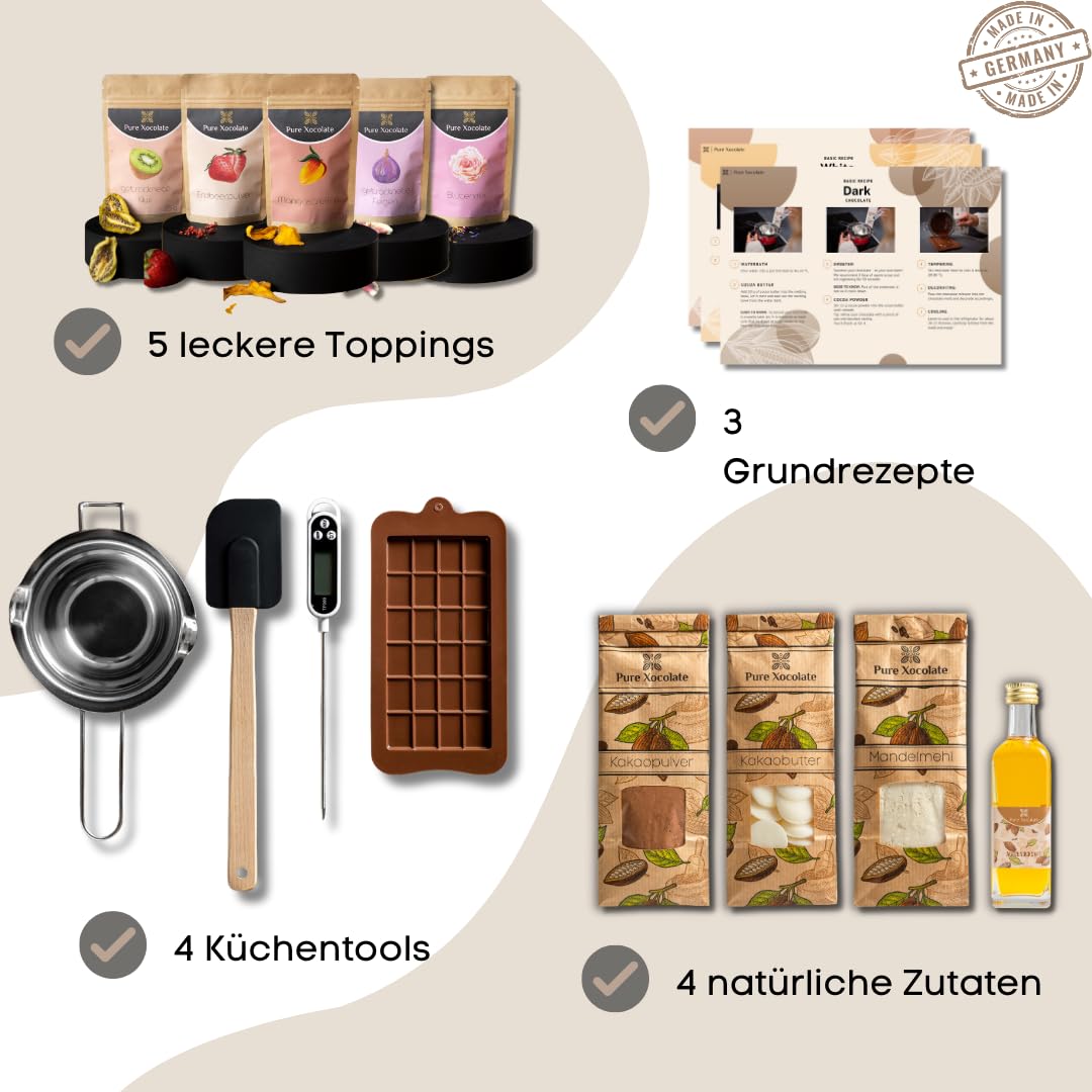 Pure Xocolate Zestaw do Robienia Czekolady - Wegańska Biała i Czarna Domowa Czekolada bez Glutenu i Laktozy - Szpatułka, Miska, Syrop z Agawy, Termometr, Dodatki