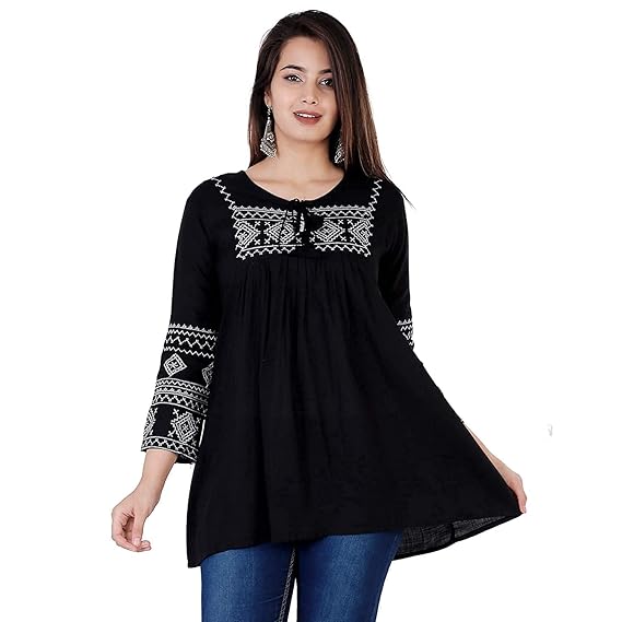 Sajan Creation Wedding Christmas New-Year Gift Women's Rayon Embroidery Round Neck 3/4 Sleeves Straight Short Top, Kurti for Women Girls