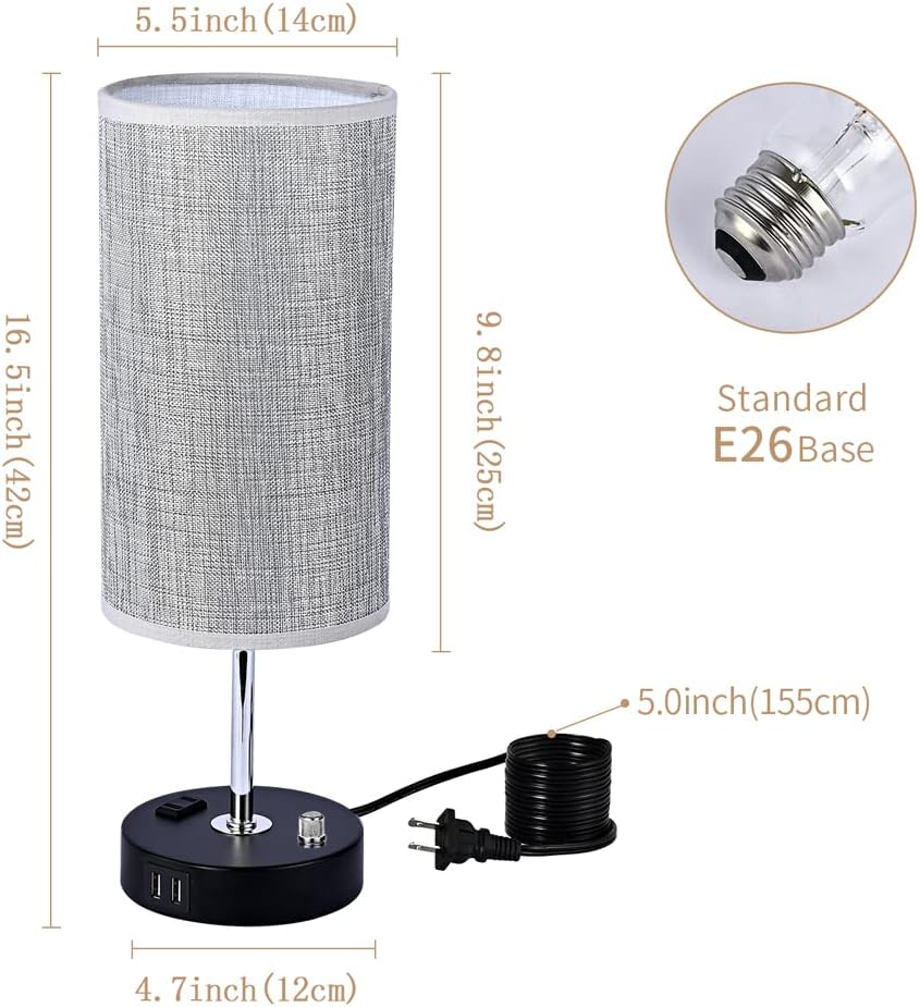 Becomrock Bedside Table Lamp for Bedroom - Stepless Dimmable Nightstand Lamp with 2 USB Port, 1 Outlet and Gray Fabric Shade, Desk Lamp for Bedroom Living Room Office(Bulb Included)