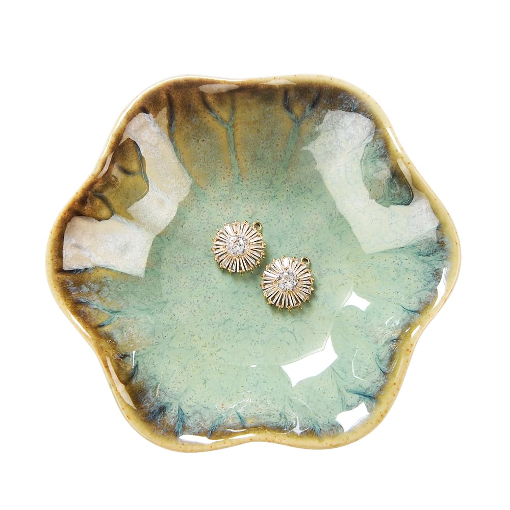 Lotus Leaf Shape Ring Holder Dish, Small Key Bowl, Ceramic Trinket Tray Jewelry Dish Organizing Necklace Earrings for Mom Friend Sister. All Jewelries Are NOT Included. Crystal Green.