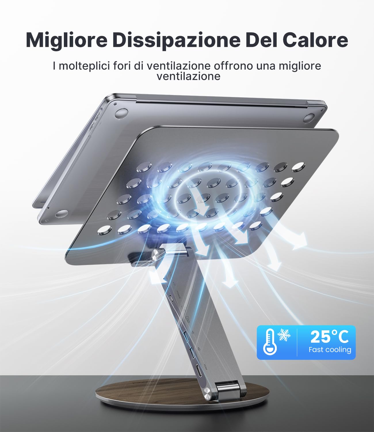 KU XIU Regolabile Supporto Laptop con Docking Station 8-in-1 Alluminio | Supporto con Base Girevole a 360°, Dual Display 4K60Hz HDMI USB 3.0 PD 100W Per MacBook Pro/Air Laptop da 10-17 Pollici