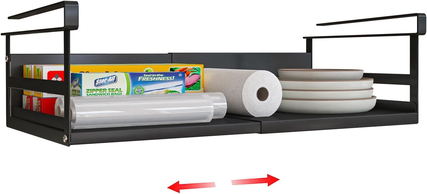 Expandable Under Cabinet Shelf Organizer with 0.94-Inch Thick Clips, Heavy Duty Extendable Under Shelf Storage Basket for Pantry or Laundry Room, Black, 1 Pack, Interior: 4.13" H x 8.54" D Black-4.13"h X 8.54"d-0.94" Thick Clip 1 Pack