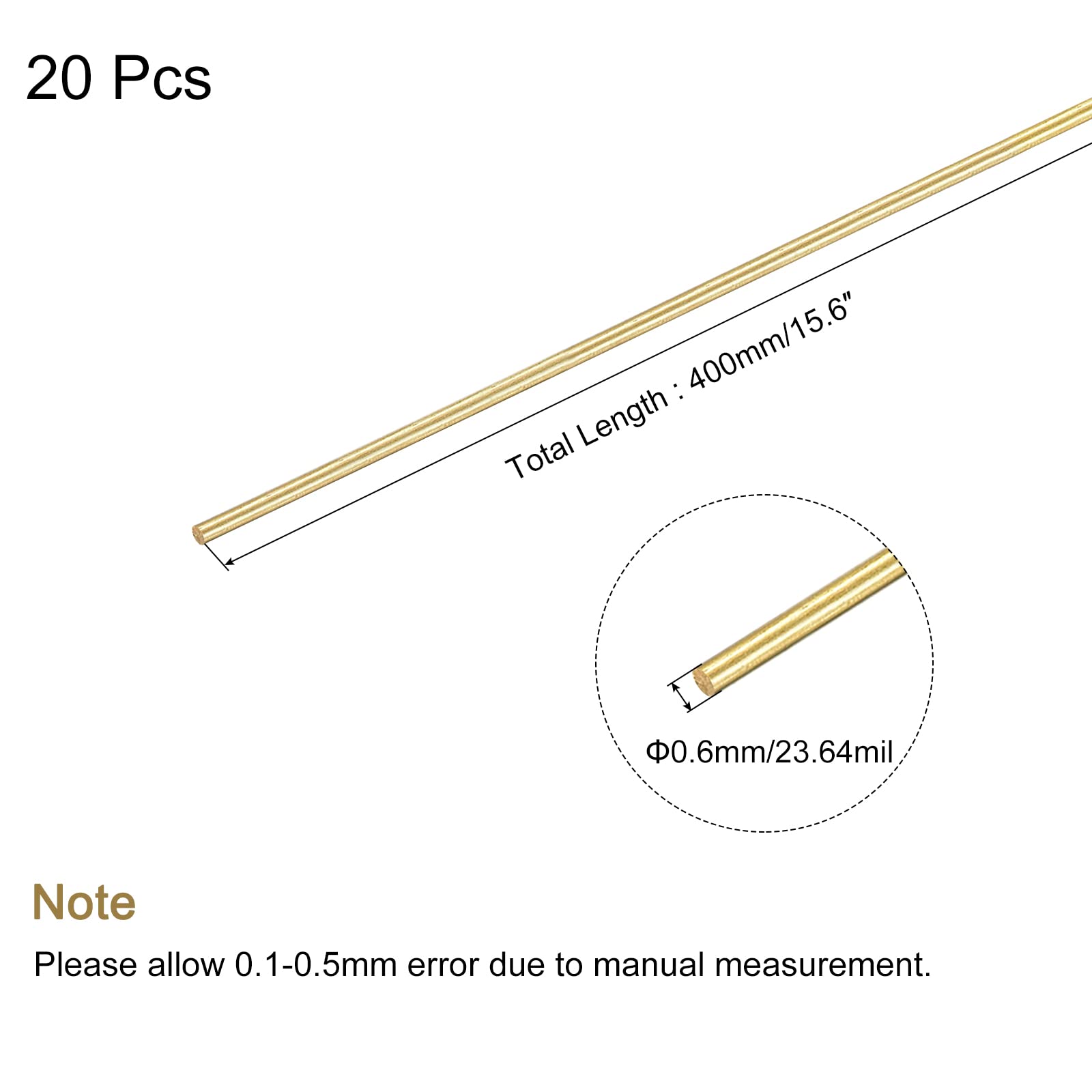 MECCANIXITY 0.6mm x 400mm, Brass Round Wire, Solid Brass Wire, Assorted Half Hard Wire for DIY Jewelry Making,Pack of 20