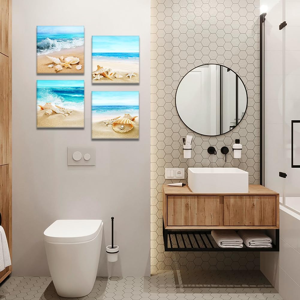 Artscope 4 Pieces Canvas Prints Wall Art - Picture Painting- Modern Wall Artwork Framed for Bathroom Home Office Decor - 12 x 12 Inch (Beach Shells and Sea, 12x12)