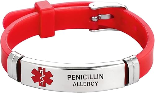 Pulsera de identificación de alerta médica roja de primeros auxilios de emergencia grabada con láser Alerta de salud ajustable pulsera de silicona